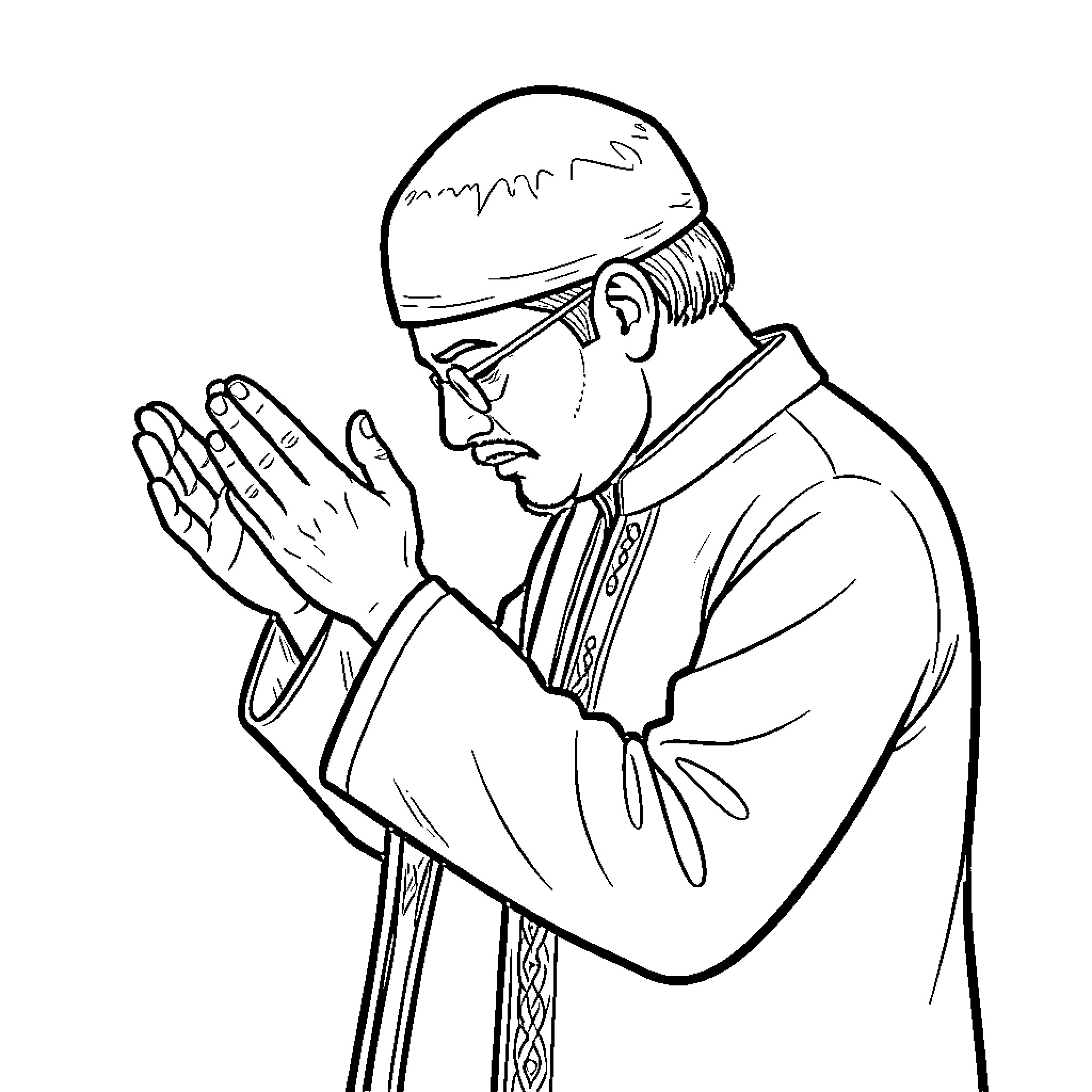 Namaz being performed by a man in prayer Coloring Page (free black-and-white line drawing printable PDF for all, from beginners to advanced learners, including children, teens, adults, and seniors)