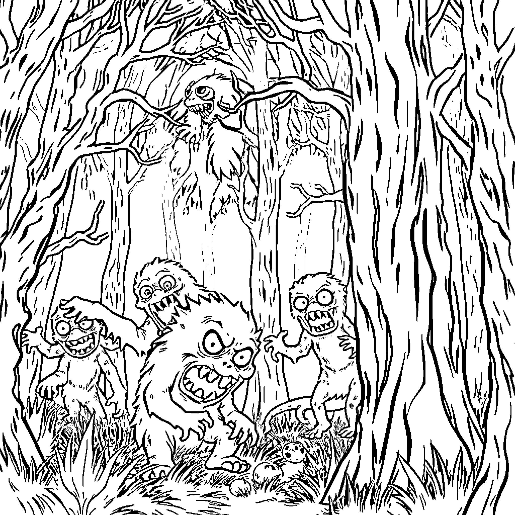 Monster creatures lurking in the eerie forest Coloring Page (free black-and-white line drawing printable PDF for all, from beginners to advanced learners, including children, teens, adults, and seniors)