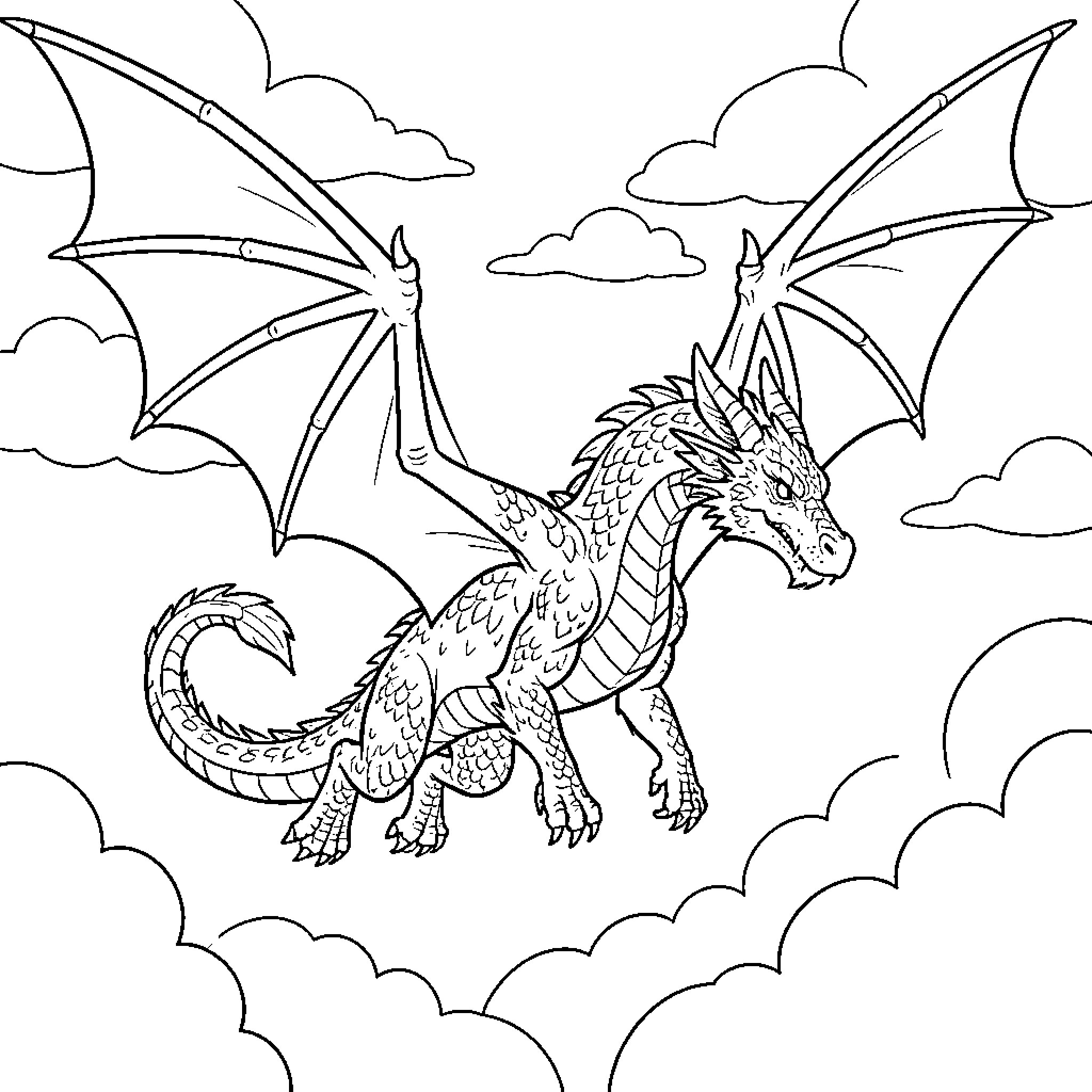 Dragon soaring majestically through the cloudy sky Coloring Page (free black-and-white line drawing printable PDF for all, from beginners to advanced learners, including children, teens, adults, and seniors)