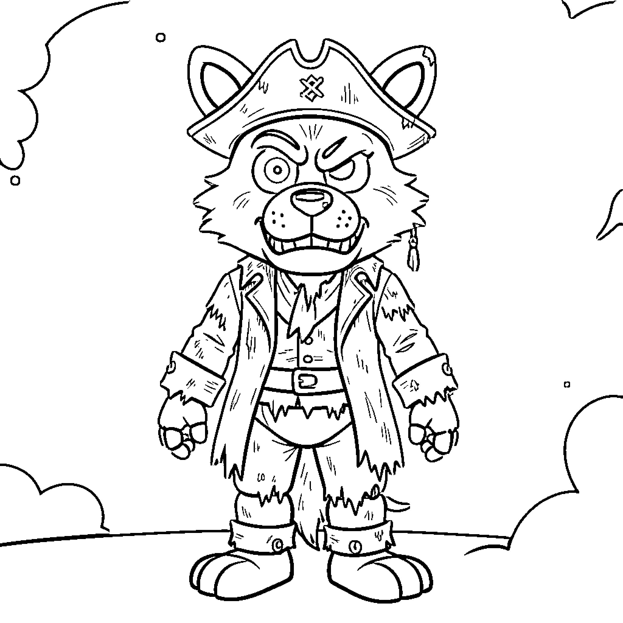 Foxy Pirate Raccoon in Costume Coloring Page (free black-and-white line drawing printable PDF for all, from beginners to advanced learners, including children, teens, adults, and seniors)