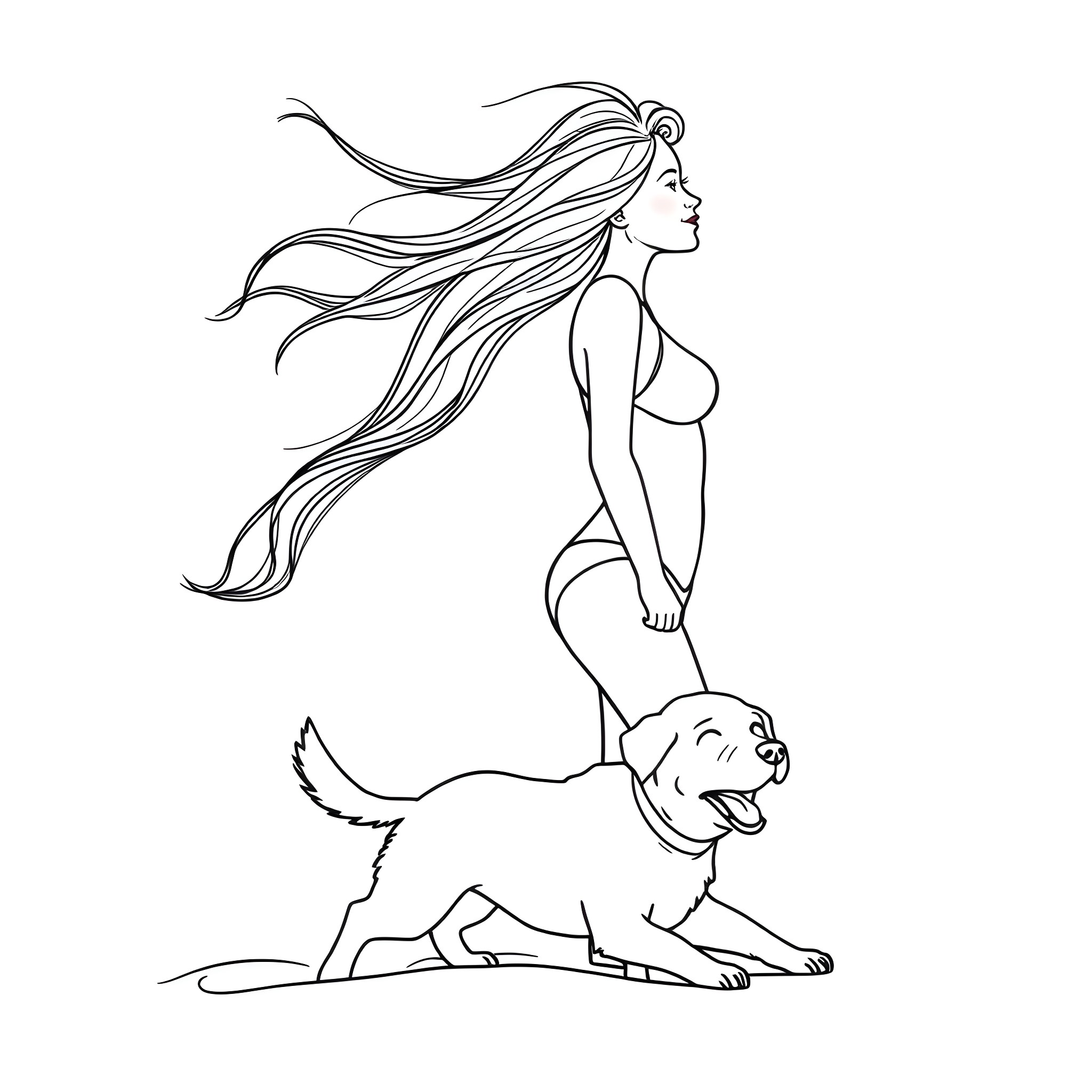 Woman walking her dog in the wind Coloring Page (free black-and-white line drawing printable PDF for all, from beginners to advanced learners, including children, teens, adults, and seniors)