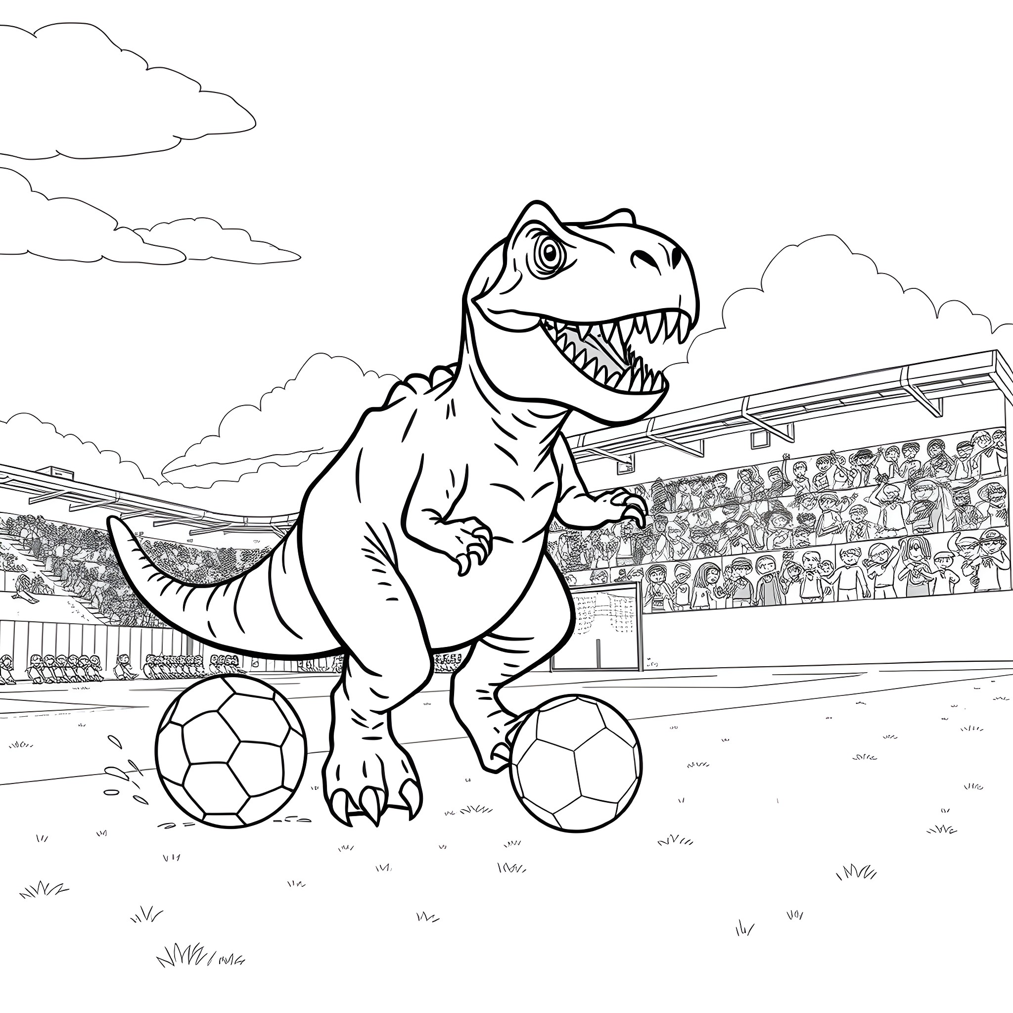 Tyrex playing with soccer balls on a field Coloring Page (free black-and-white line drawing printable PDF for all, from beginners to advanced learners, including children, teens, adults, and seniors)