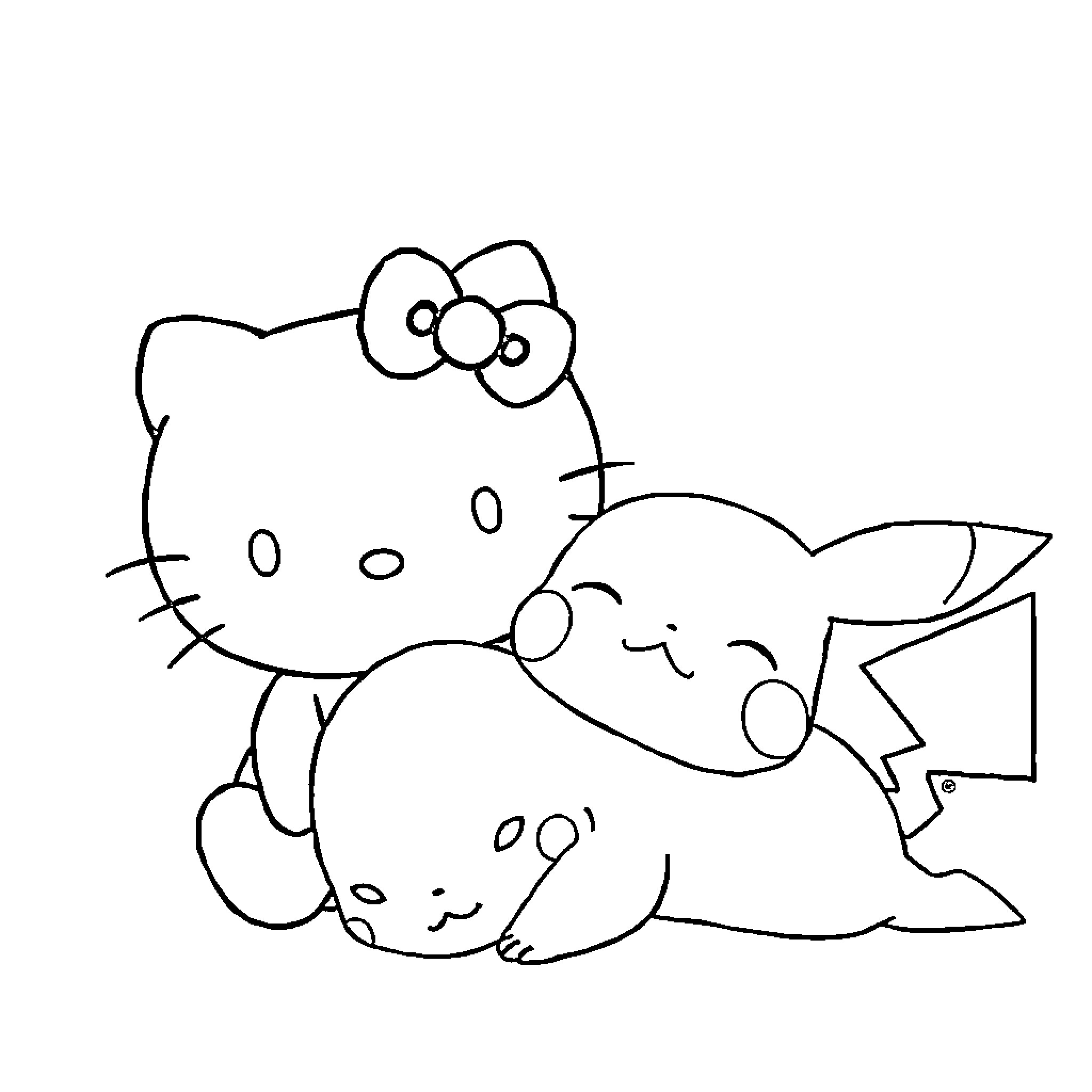 Hello Kitty playing with Pikachu Coloring Page (free black-and-white line drawing printable PDF for all, from beginners to advanced learners, including children, teens, adults, and seniors)