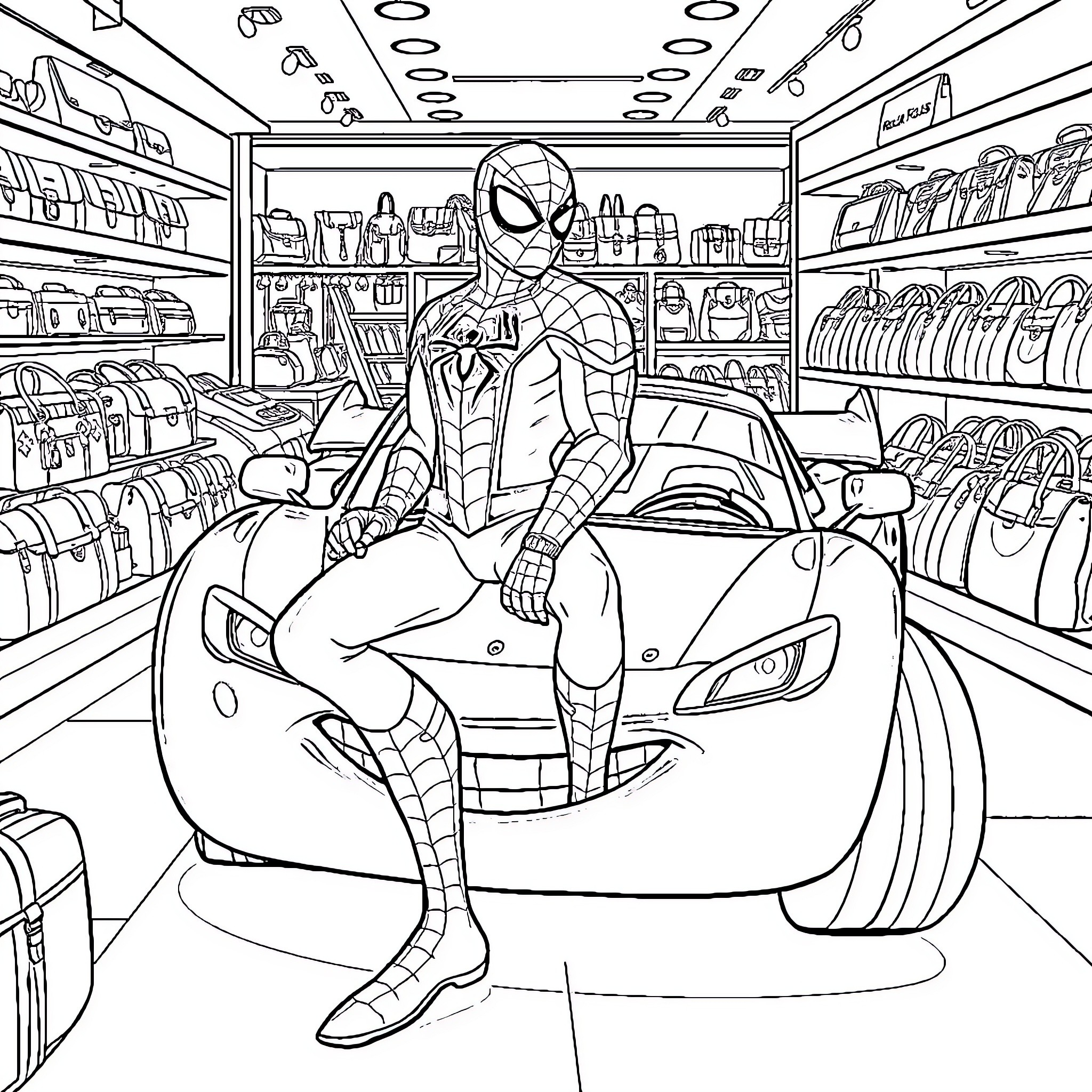 Spiderman exploring a superhero merchandise store Coloring Page (free black-and-white line drawing printable PDF for all, from beginners to advanced learners, including children, teens, adults, and seniors)