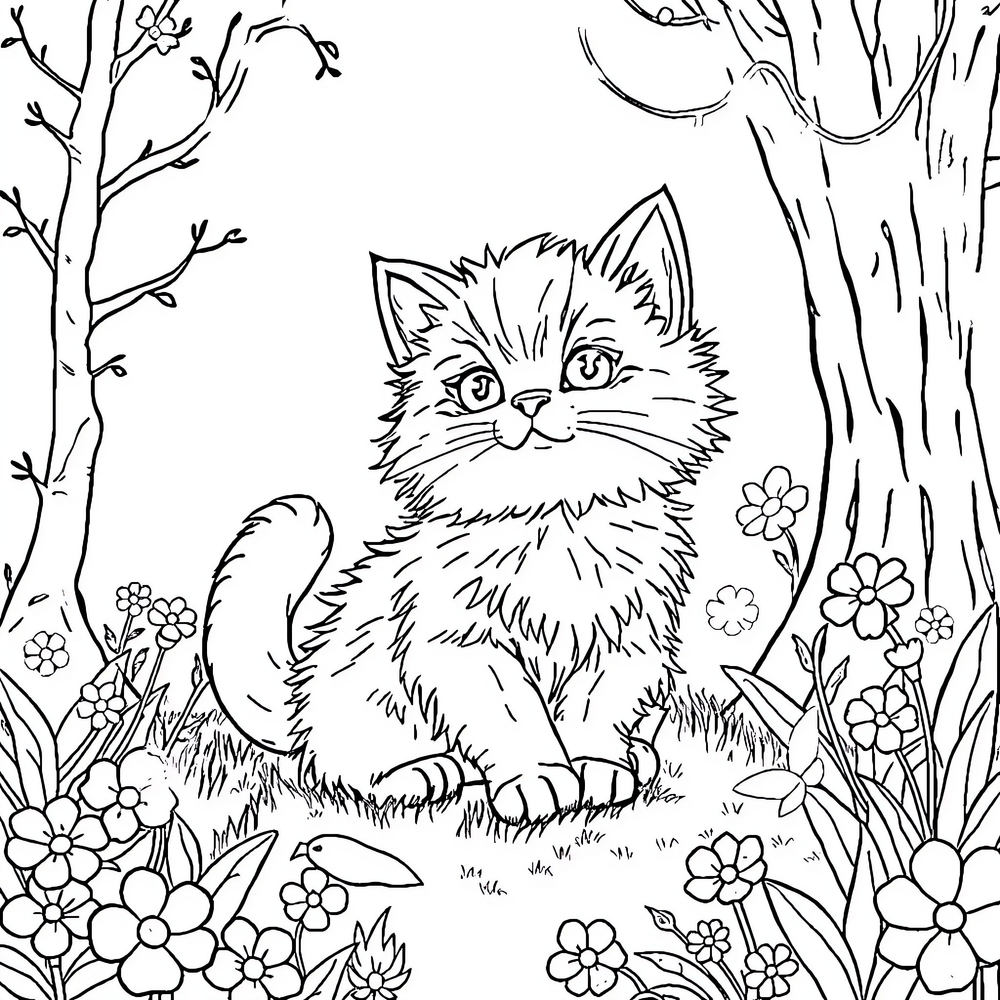 Kitty Resting in the Flowery Forest Coloring Page (free black-and-white line drawing printable PDF for all, from beginners to advanced learners, including children, teens, adults, and seniors)