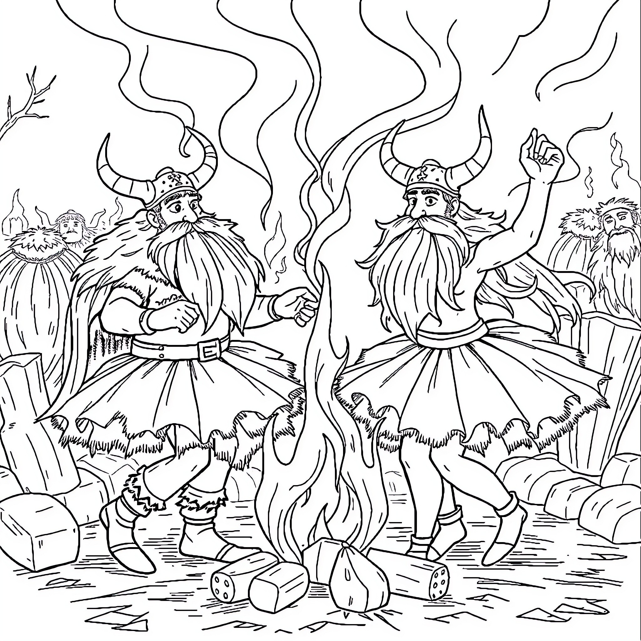 Viking warriors dancing around the campfire Coloring Page (free black-and-white line drawing printable PDF for all, from beginners to advanced learners, including children, teens, adults, and seniors)