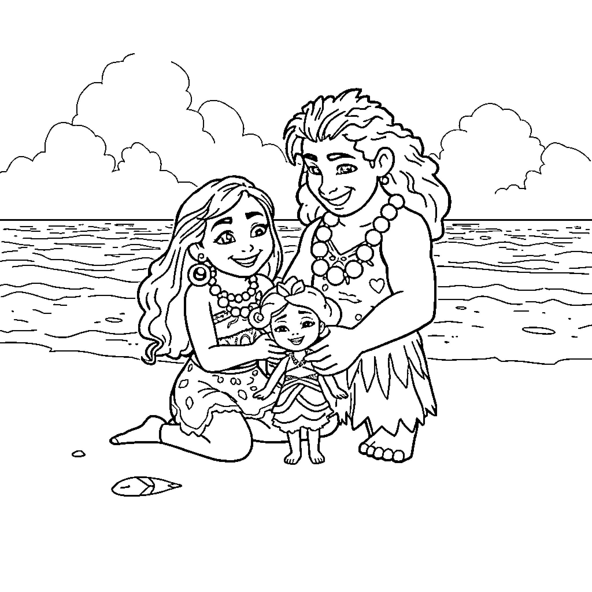 Moana and family enjoying the beach Coloring Page (free black-and-white line drawing printable PDF for all, from beginners to advanced learners, including children, teens, adults, and seniors)