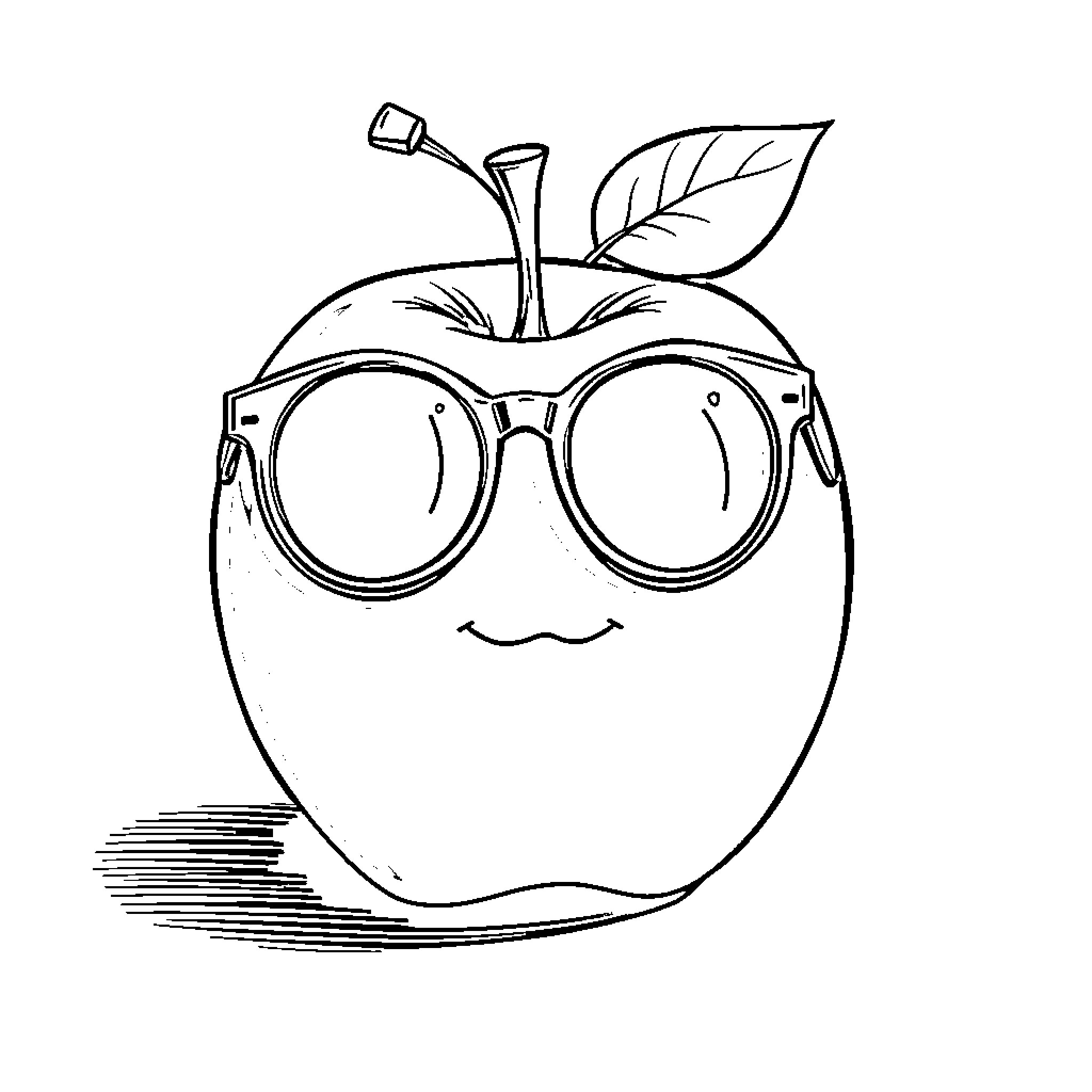 Apple wearing funny glasses in sketch Coloring Page (free black-and-white line drawing printable PDF for all, from beginners to advanced learners, including children, teens, adults, and seniors)