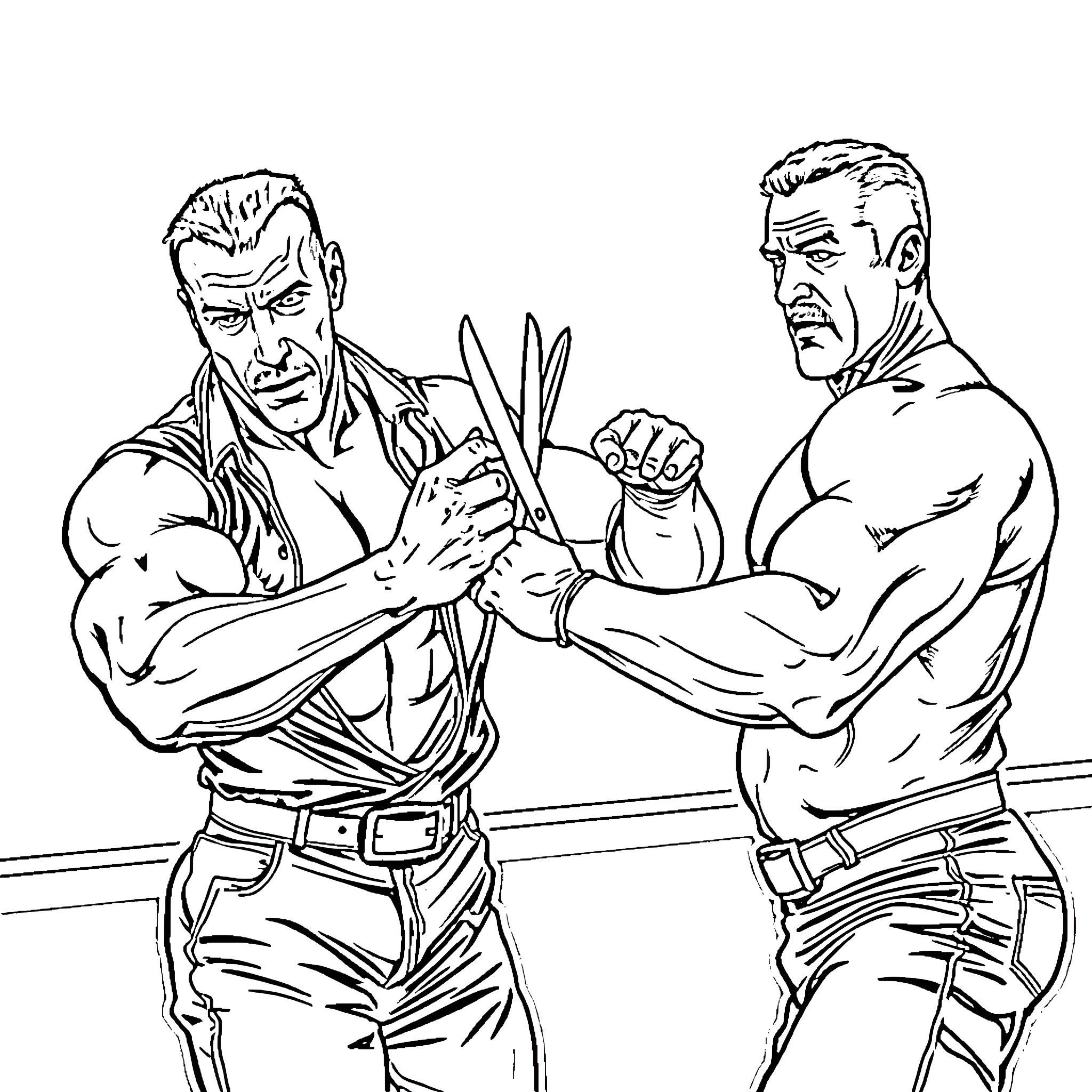 Jean-Claude Van Damme in intense martial arts combat Coloring Page (free black-and-white line drawing printable PDF for all, from beginners to advanced learners, including children, teens, adults, and seniors)