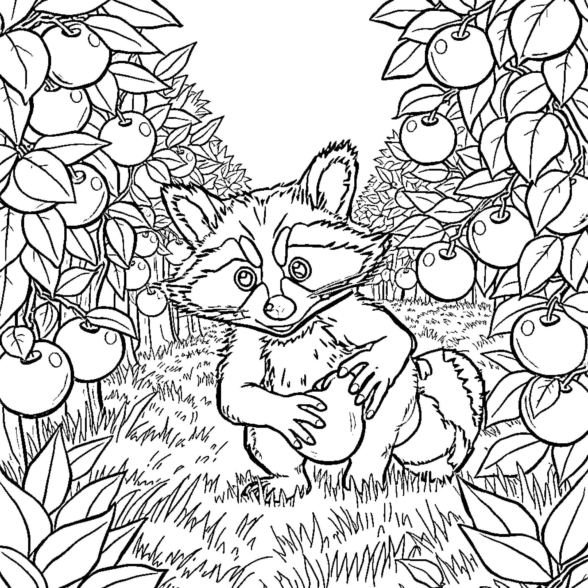 Sly Cooper exploring a lush fruit orchard Coloring Page (free black-and-white line drawing printable PDF for all, from beginners to advanced learners, including children, teens, adults, and seniors)