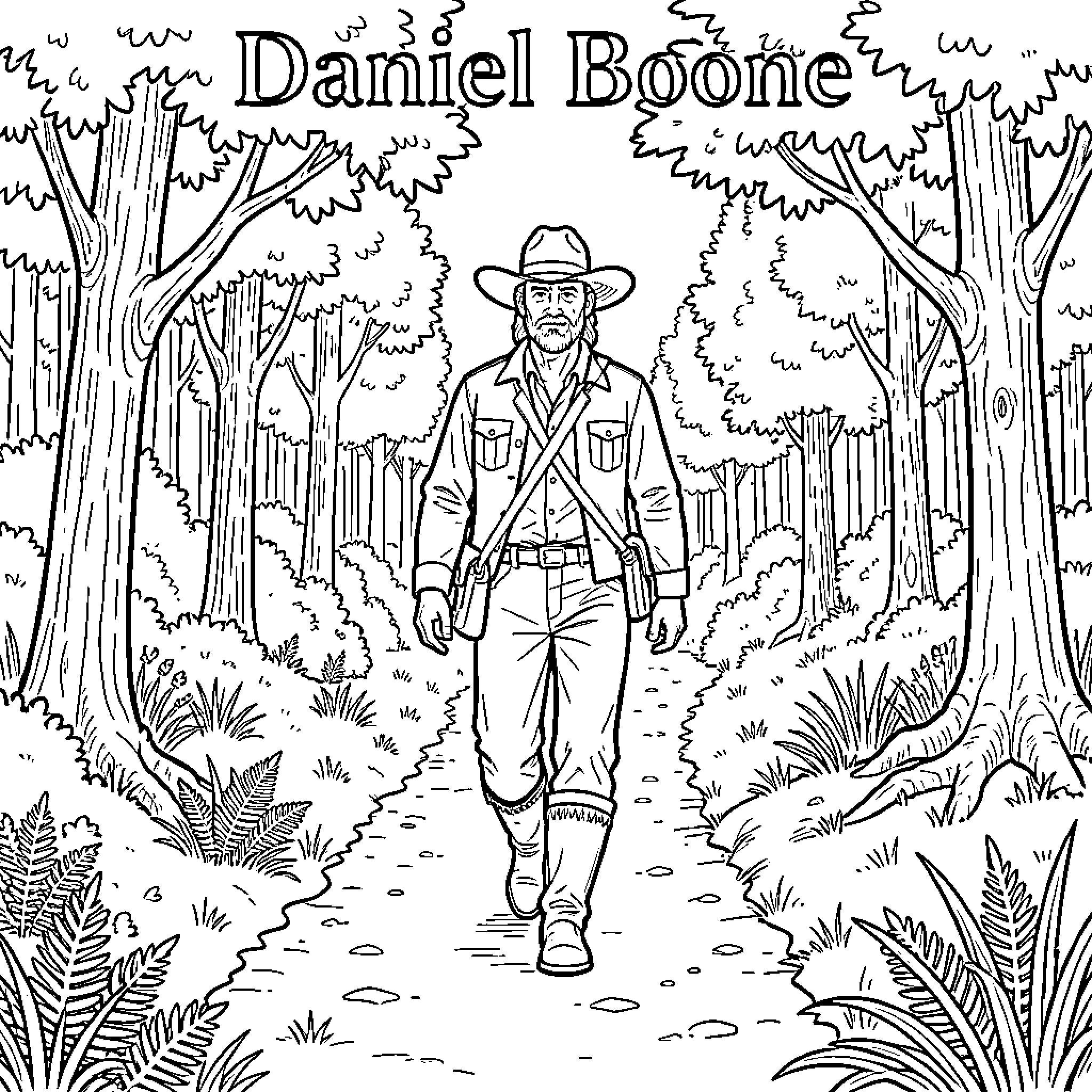 Daniel Boone walking through a dense forest Coloring Page (free black-and-white line drawing printable PDF for all, from beginners to advanced learners, including children, teens, adults, and seniors)