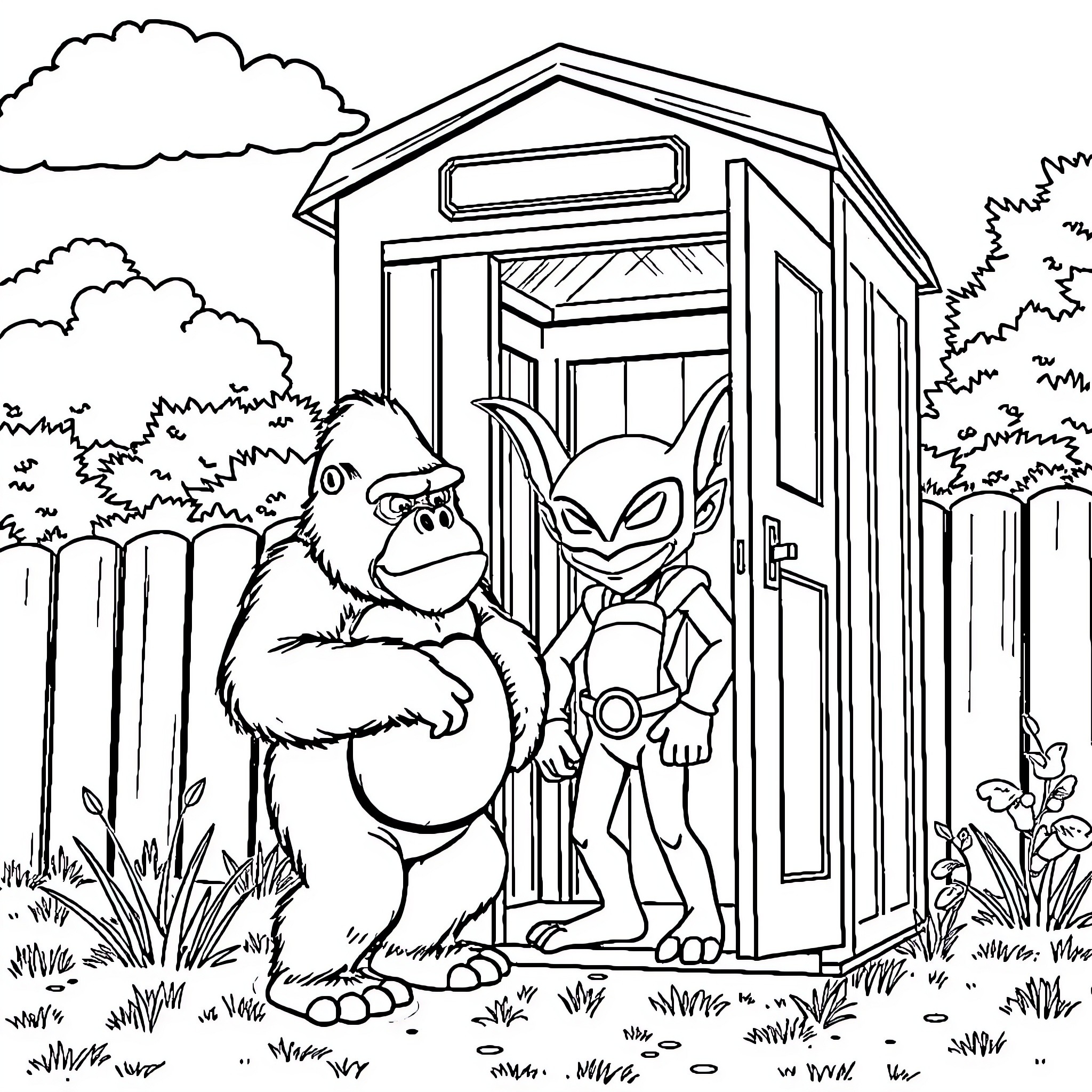 Gorilla and Alien Encounter at the Outhouse Coloring Page (free black-and-white line drawing printable PDF for all, from beginners to advanced learners, including children, teens, adults, and seniors)