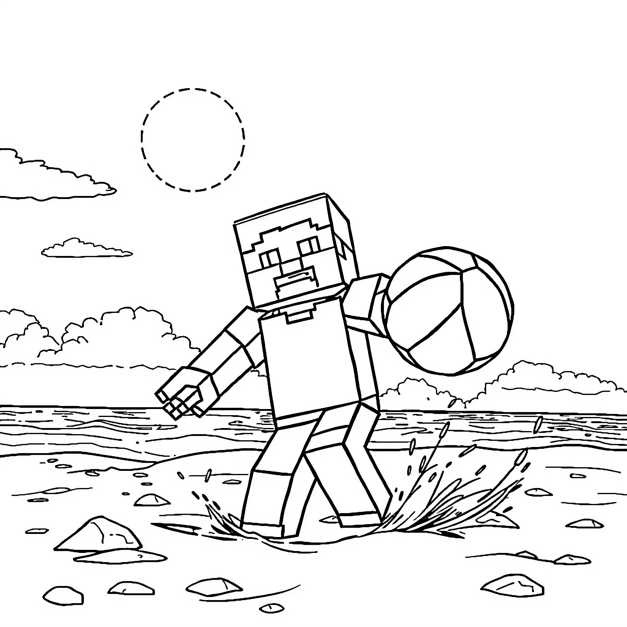 Steve playing with a ball on the beach Coloring Page (free black-and-white line drawing printable PDF for all, from beginners to advanced learners, including children, teens, adults, and seniors)