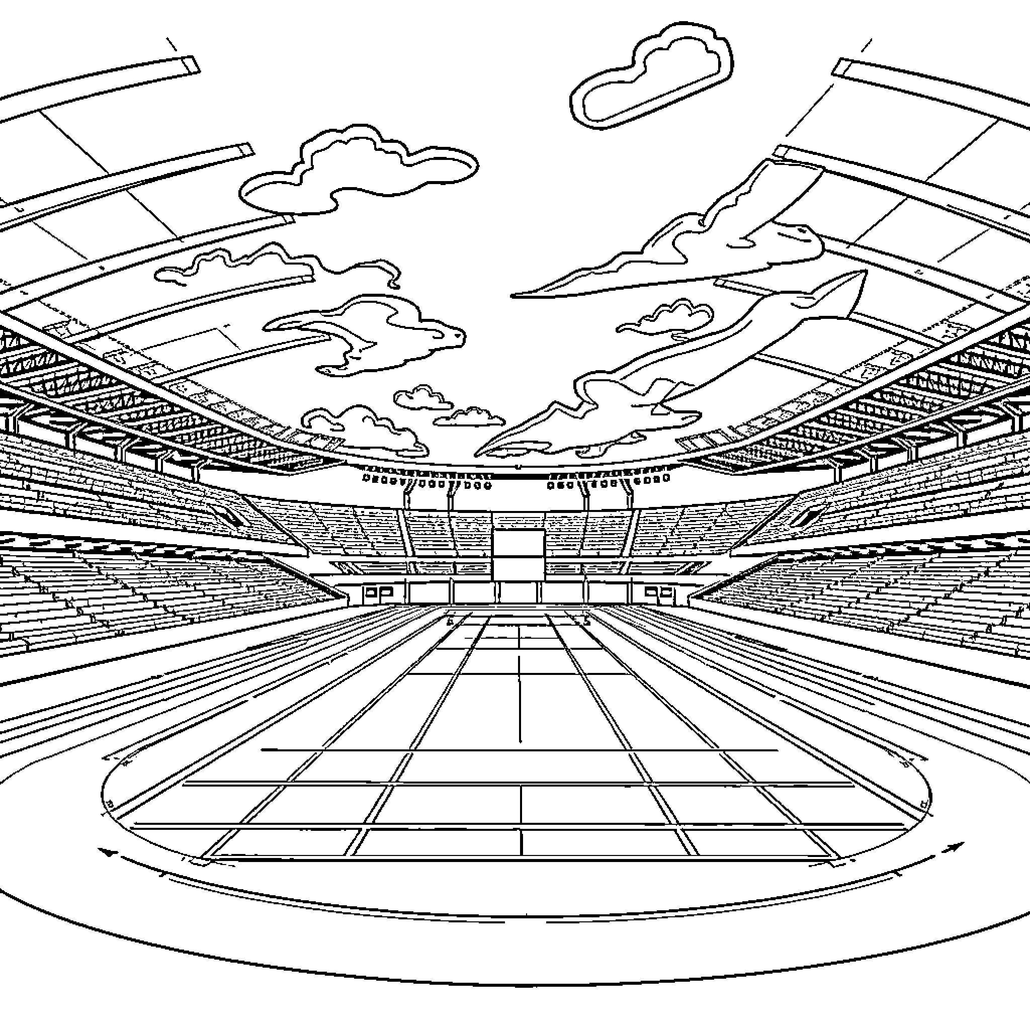 Athletics in an Impressive Stadium Coloring Page (free black-and-white line drawing printable PDF for all, from beginners to advanced learners, including children, teens, adults, and seniors)