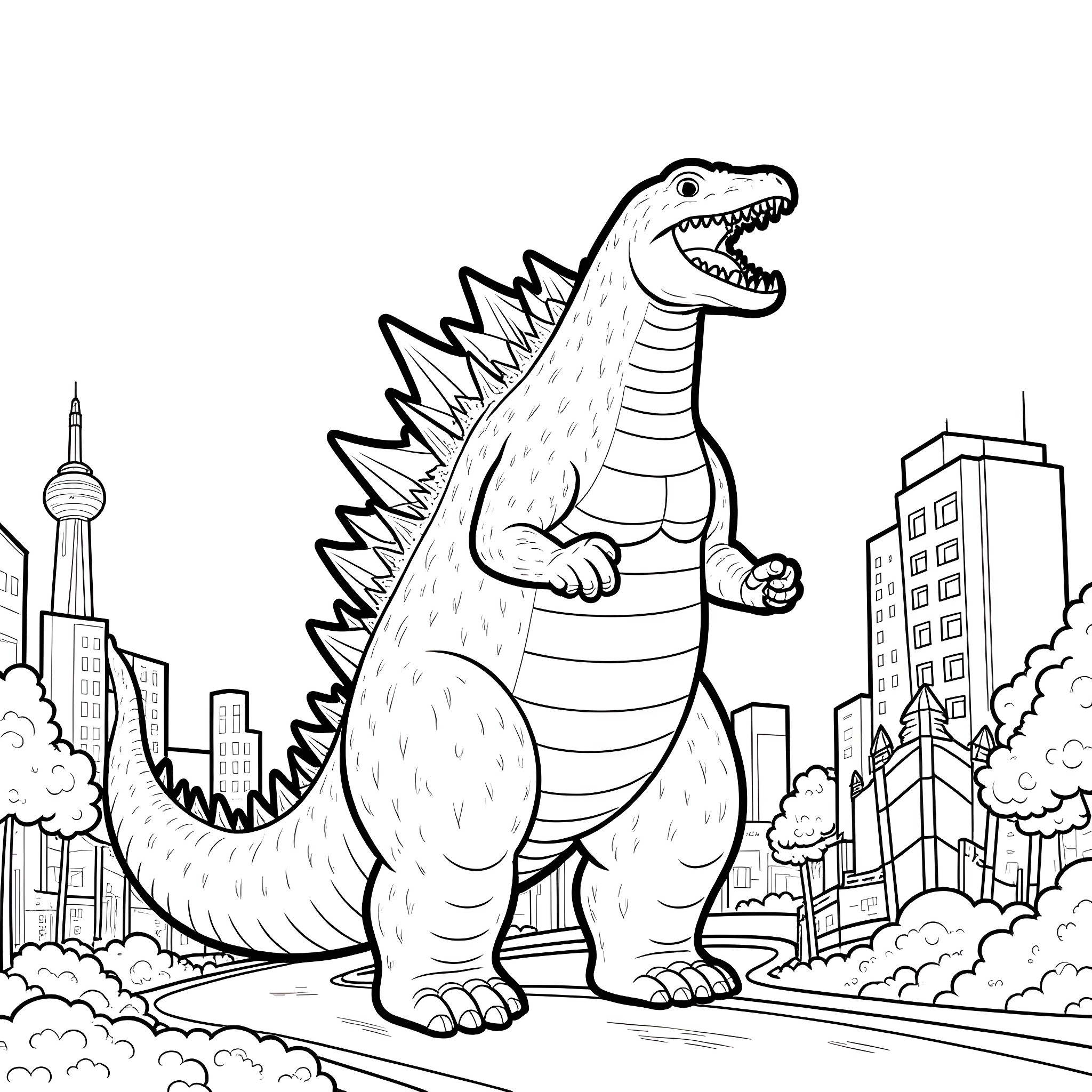 Godzilla rampaging through the city Coloring Page (free black-and-white line drawing printable PDF for all, from beginners to advanced learners, including children, teens, adults, and seniors)