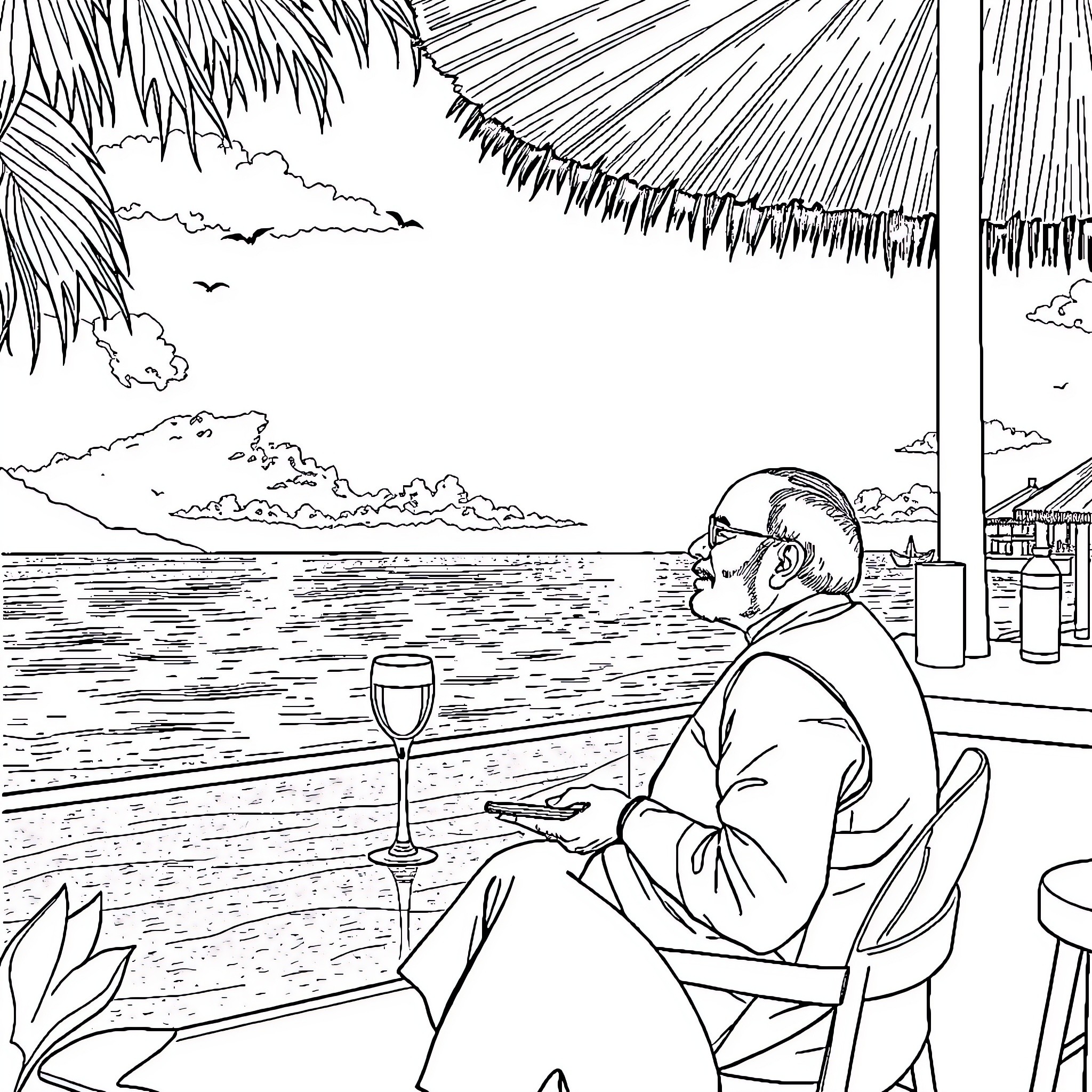 Narendra Modi enjoying a scenic evening on the beach Coloring Page (free black-and-white line drawing printable PDF for all, from beginners to advanced learners, including children, teens, adults, and seniors)