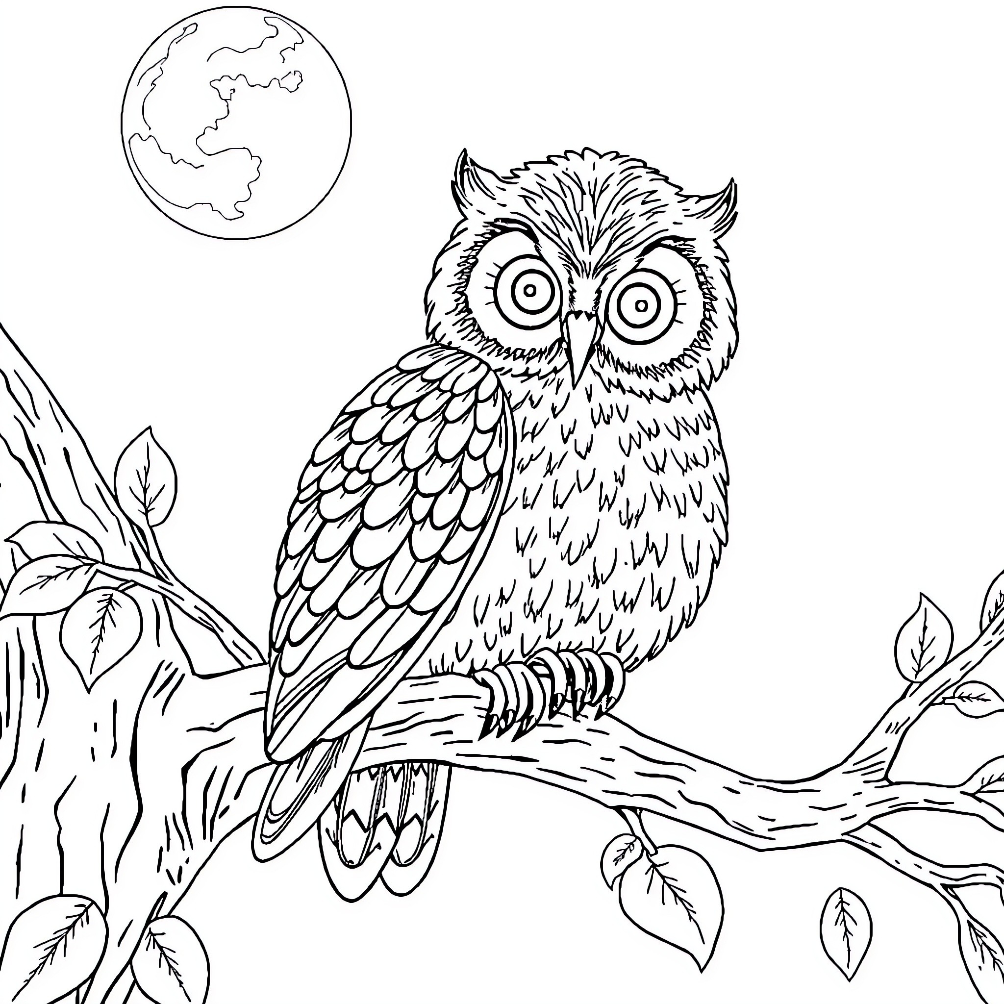 Owl perched on a branch under the moonlight Coloring Page (free black-and-white line drawing printable PDF for all, from beginners to advanced learners, including children, teens, adults, and seniors)