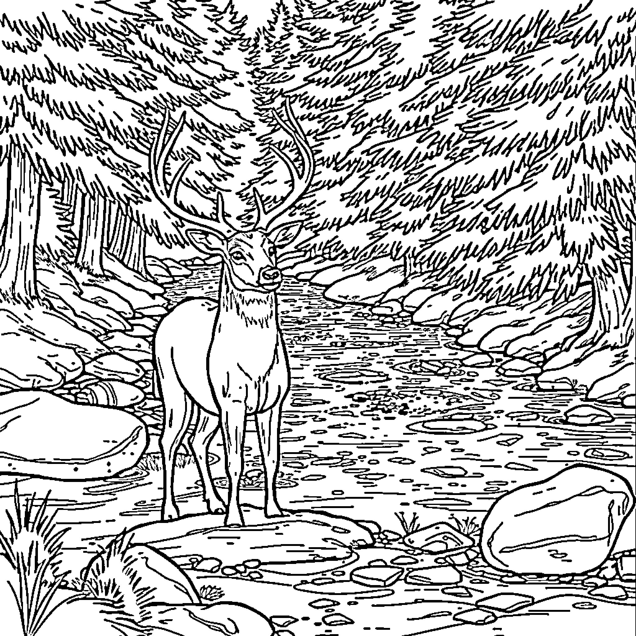 Buck standing tall in the forest Coloring Page (free black-and-white line drawing printable PDF for all, from beginners to advanced learners, including children, teens, adults, and seniors)