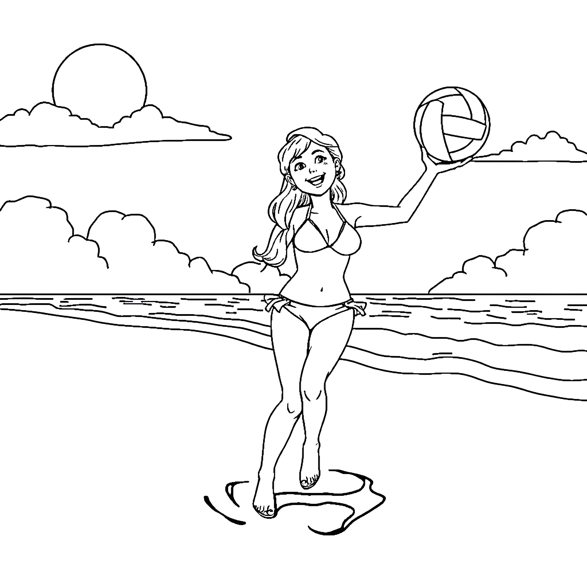 Girl Enjoying Beach Day with Volleyball Coloring Page (free black-and-white line drawing printable PDF for all, from beginners to advanced learners, including children, teens, adults, and seniors)