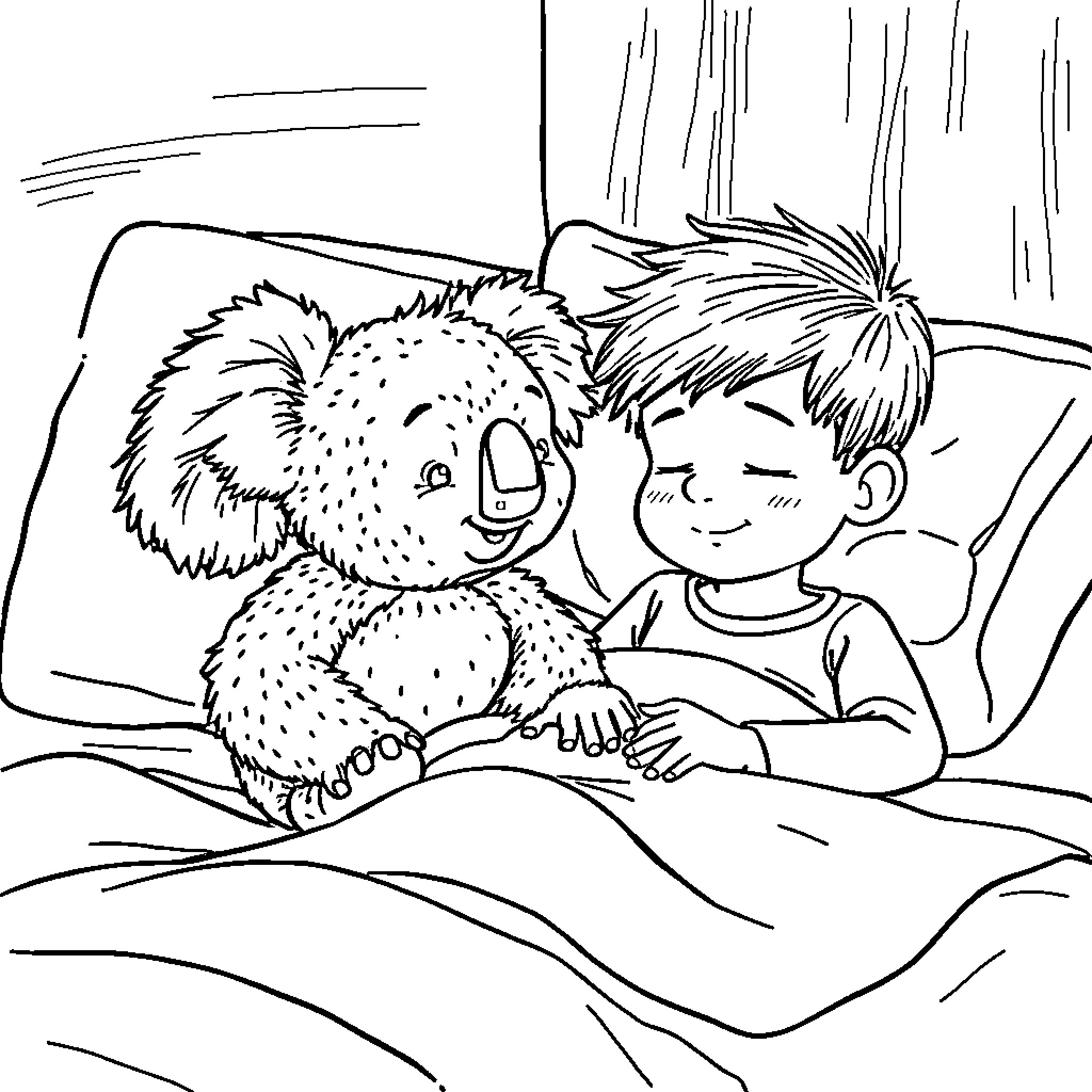 Koala and boy sharing a cozy moment in the forest Coloring Page (free black-and-white line drawing printable PDF for all, from beginners to advanced learners, including children, teens, adults, and seniors)