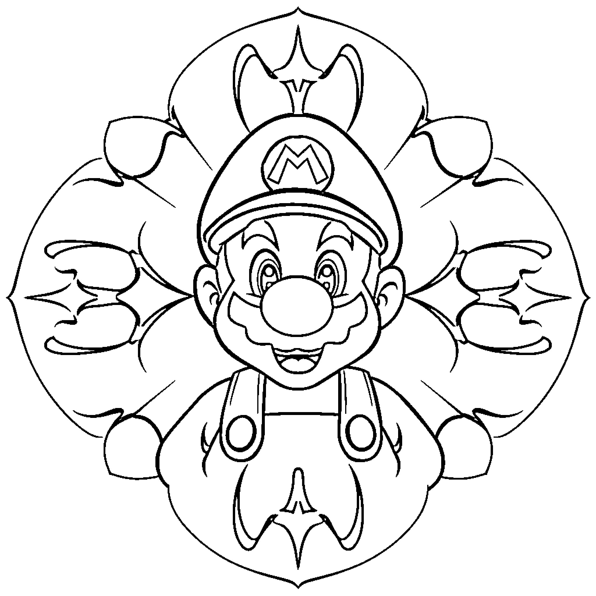 Mario's Enchanting Adventure Coloring Page (free black-and-white line drawing printable PDF for all, from beginners to advanced learners, including children, teens, adults, and seniors)