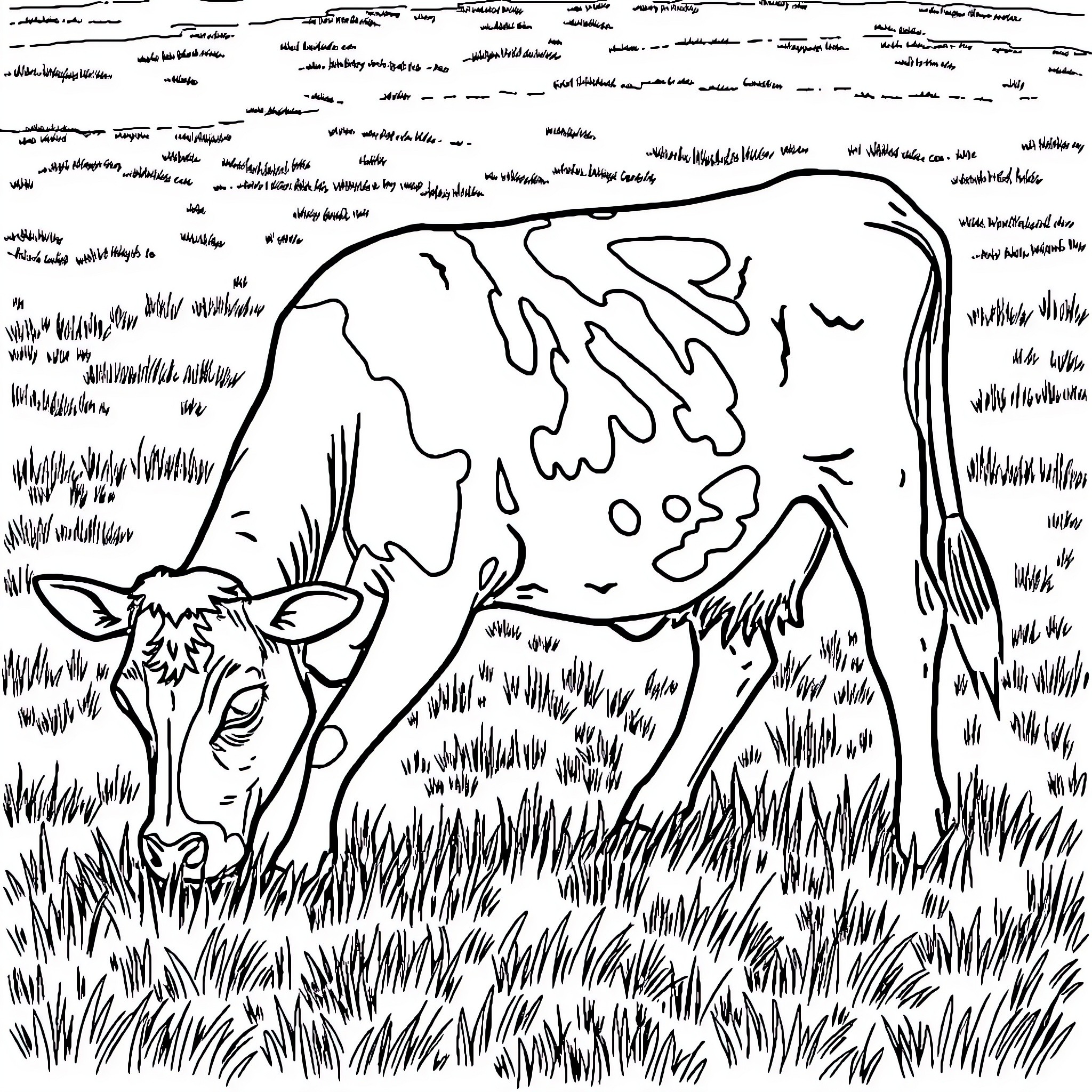 Cow grazing in the field Coloring Page (free black-and-white line drawing printable PDF for all, from beginners to advanced learners, including children, teens, adults, and seniors)