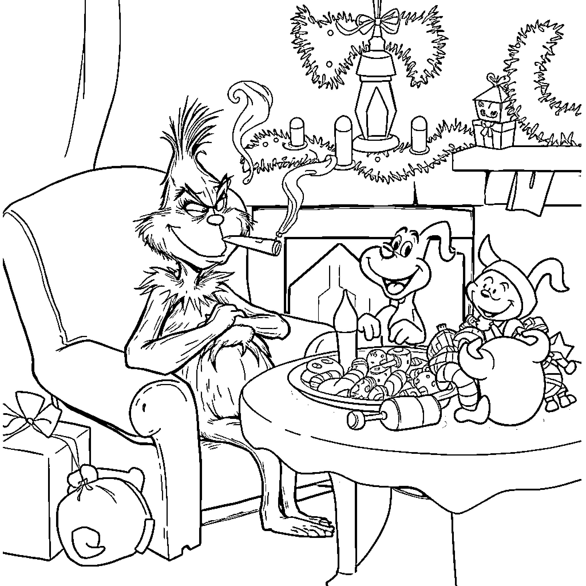 Grinch celebrates Christmas with festive decorations and treats Coloring Page (free black-and-white line drawing printable PDF for all, from beginners to advanced learners, including children, teens, adults, and seniors)