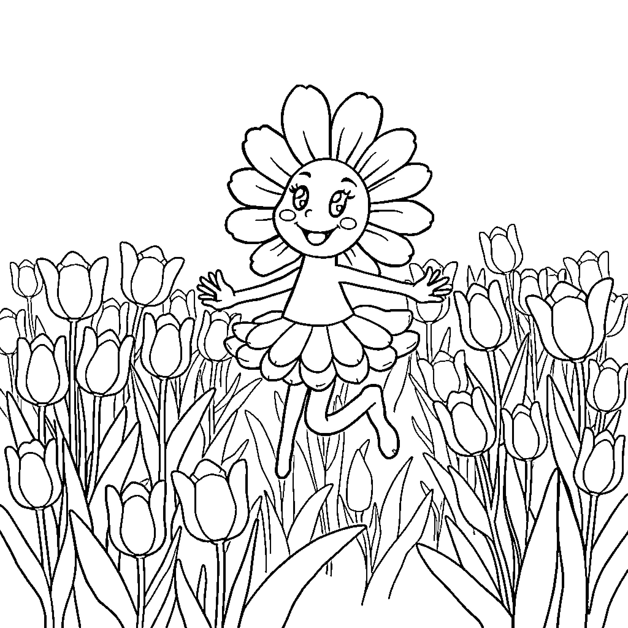 Daisy playing happily in the tulip garden Coloring Page (free black-and-white line drawing printable PDF for all, from beginners to advanced learners, including children, teens, adults, and seniors)