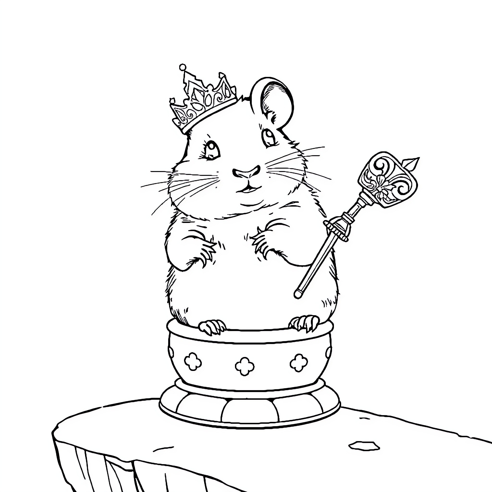 Hamster ruler with crown and scepter Coloring Page (free black-and-white line drawing printable PDF for all, from beginners to advanced learners, including children, teens, adults, and seniors)
