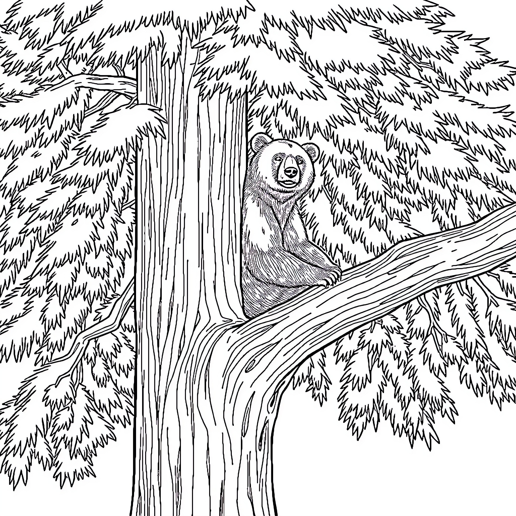 Bear resting on a tree branch in the forest Coloring Page (free black-and-white line drawing printable PDF for all, from beginners to advanced learners, including children, teens, adults, and seniors)