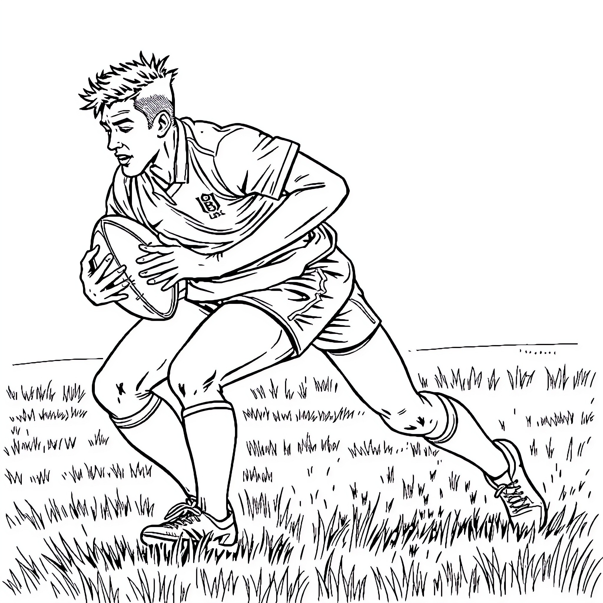 Rugby Player Tackling Aggressively on the Field Coloring Page (free black-and-white line drawing printable PDF for all, from beginners to advanced learners, including children, teens, adults, and seniors)
