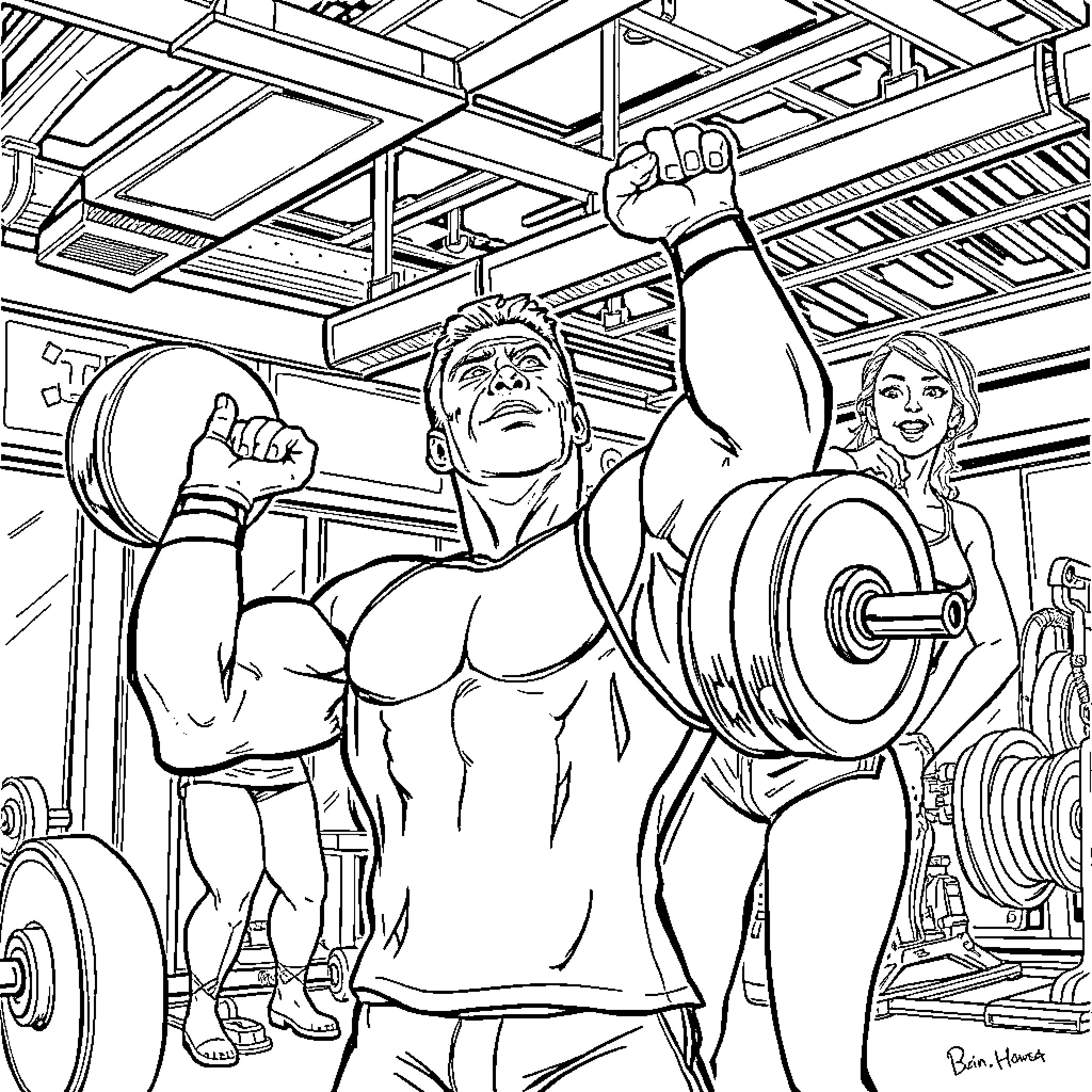 John Cena Lifting Weights in Gym with Trainer Coloring Page (free black-and-white line drawing printable PDF for all, from beginners to advanced learners, including children, teens, adults, and seniors)