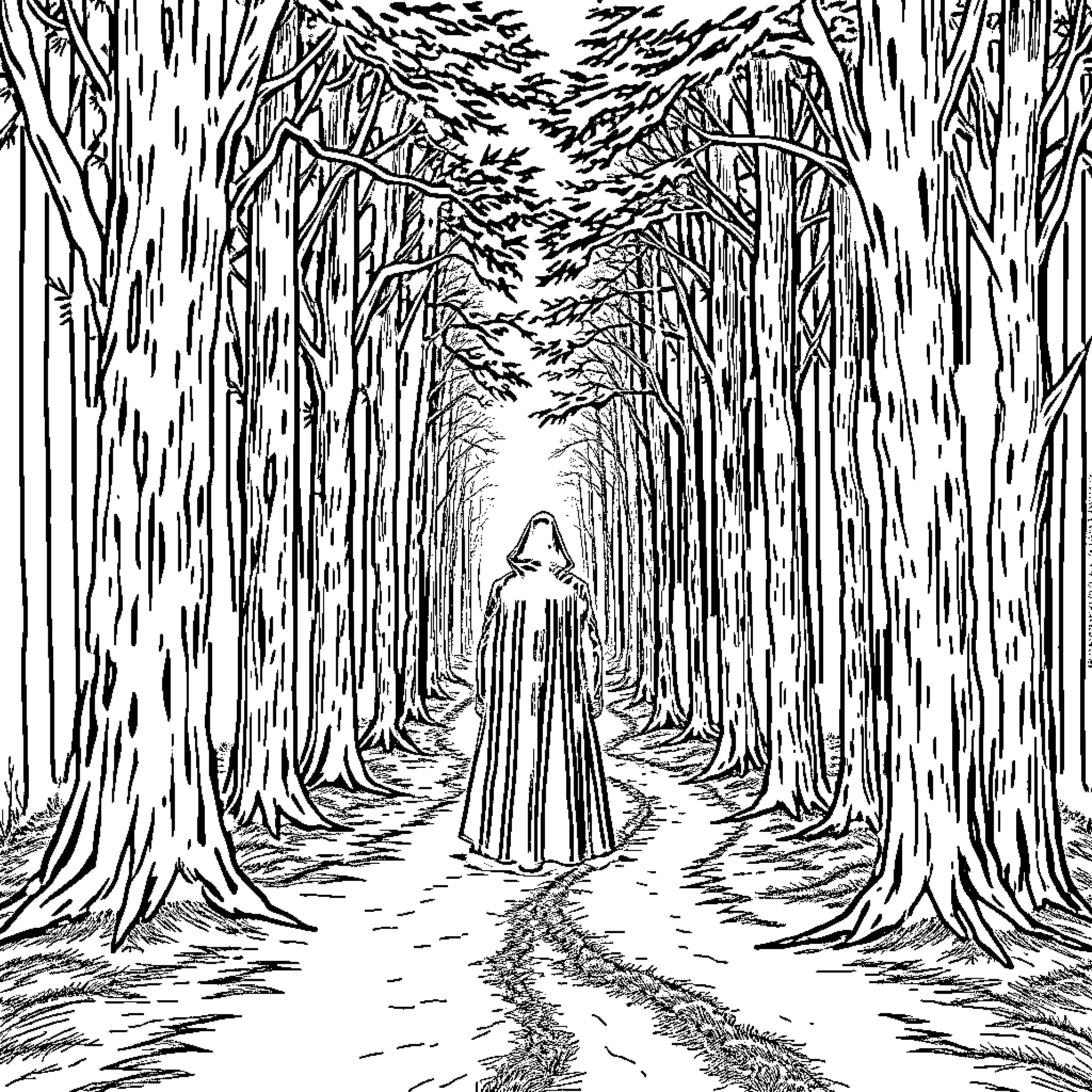 Figure of Person Walking Through Enchanted Forest Coloring Page (free black-and-white line drawing printable PDF for all, from beginners to advanced learners, including children, teens, adults, and seniors)
