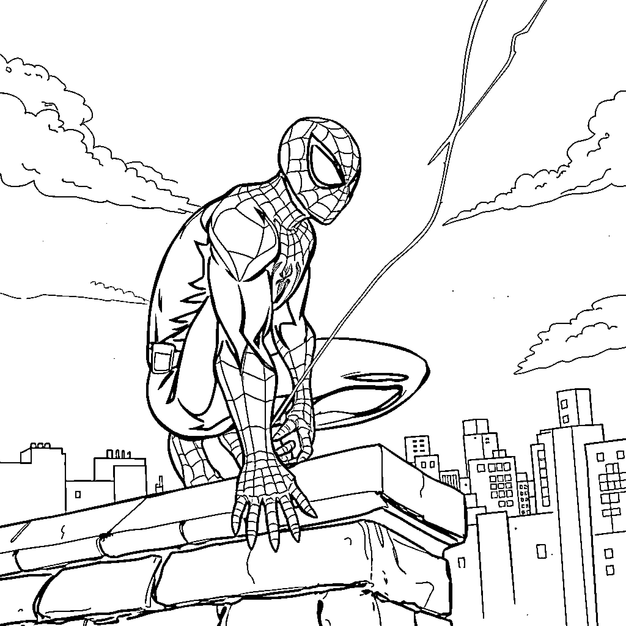 Spiderman swinging heroically over city skyline Coloring Page (free black-and-white line drawing printable PDF for all, from beginners to advanced learners, including children, teens, adults, and seniors)