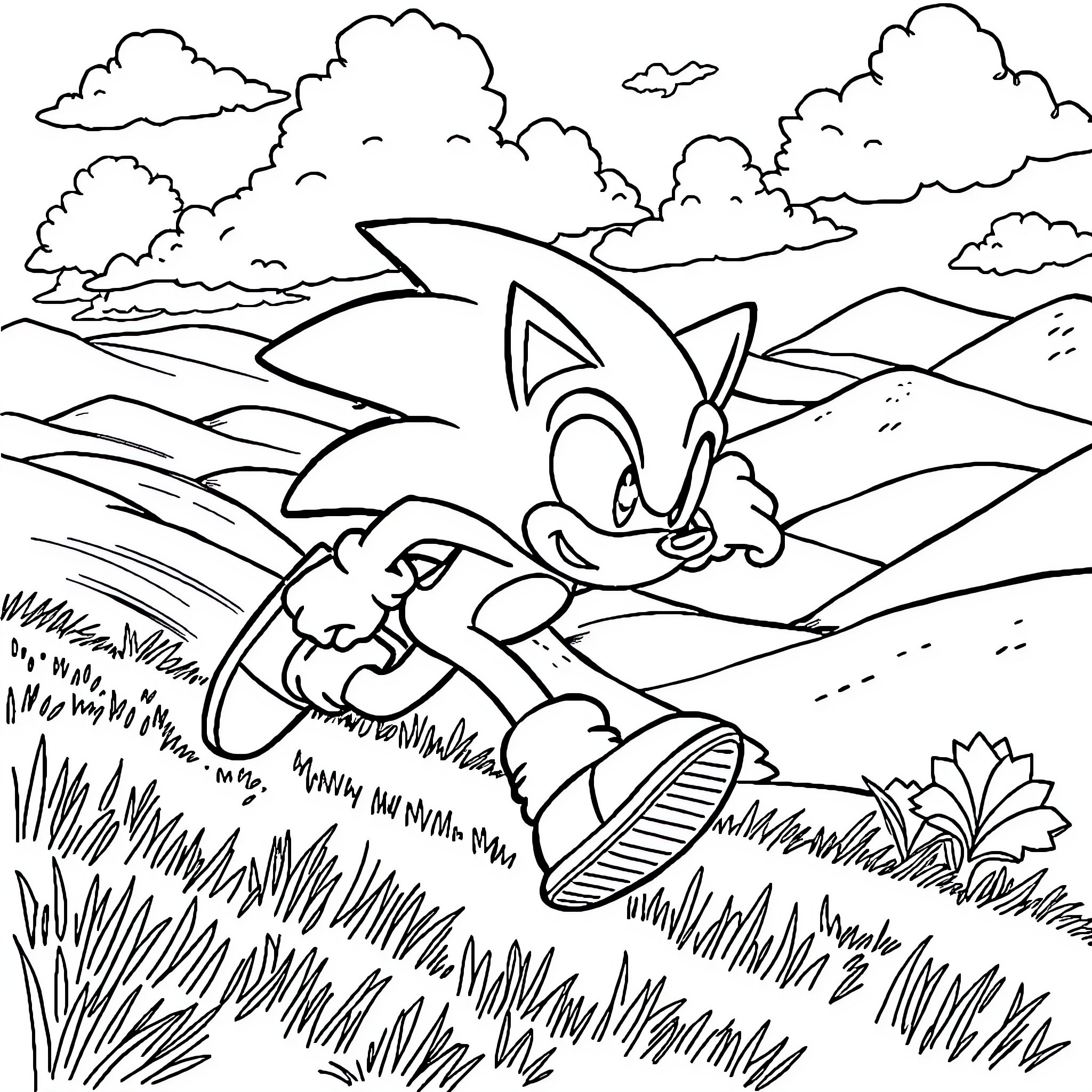 Sonic dashing through a vibrant landscape Coloring Page (free black-and-white line drawing printable PDF for all, from beginners to advanced learners, including children, teens, adults, and seniors)