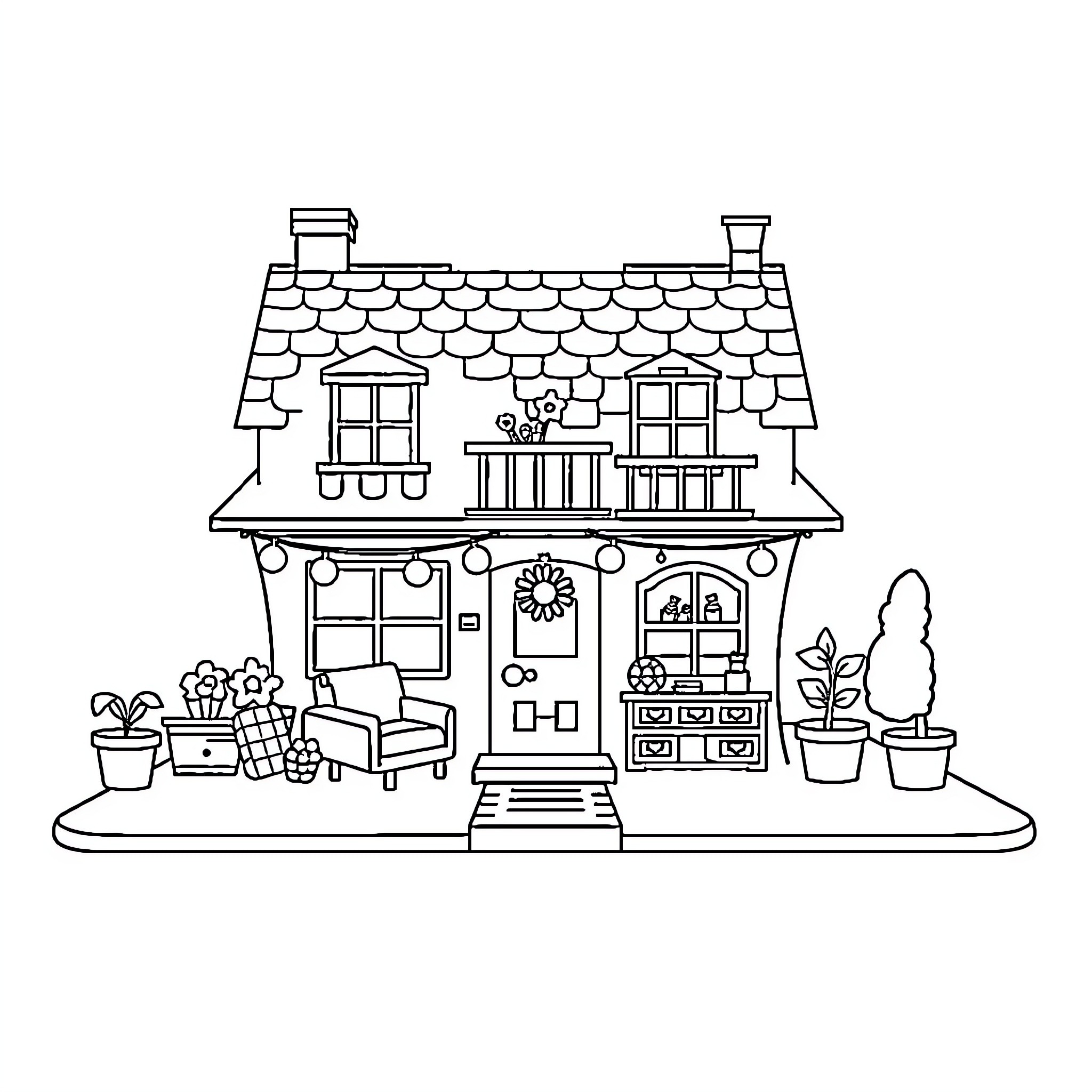 Roblox House with Cozy Furniture and Decorations Coloring Page (free black-and-white line drawing printable PDF for all, from beginners to advanced learners, including children, teens, adults, and seniors)