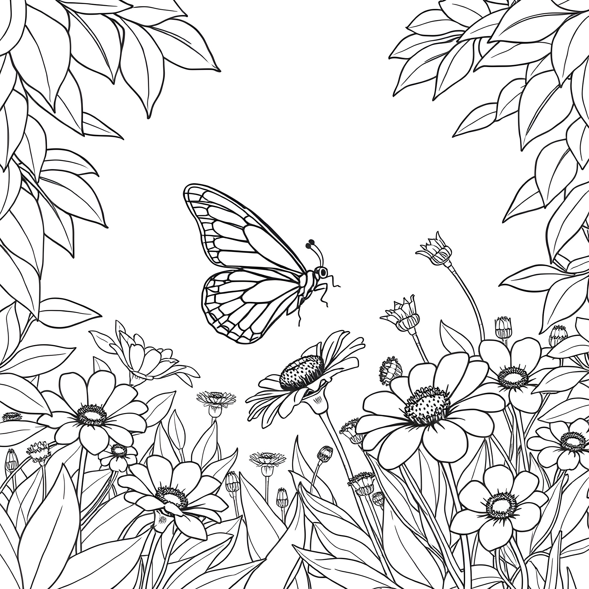Butterfly flying amidst blooming flowers Coloring Page (free black-and-white line drawing printable PDF for all, from beginners to advanced learners, including children, teens, adults, and seniors)