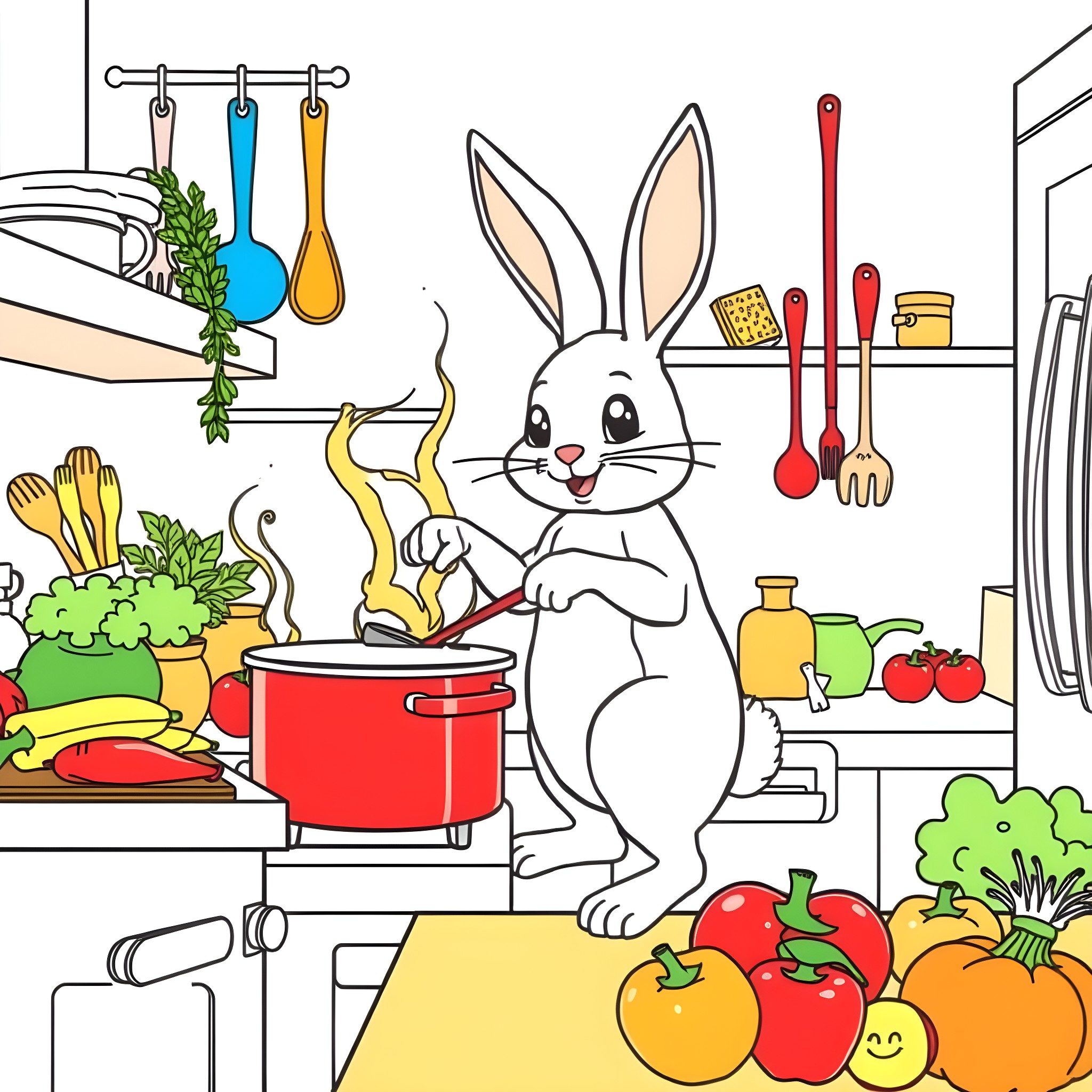 Bunny cooking with kitchen utensils and fresh produce Coloring Page (free black-and-white line drawing printable PDF for all, from beginners to advanced learners, including children, teens, adults, and seniors)