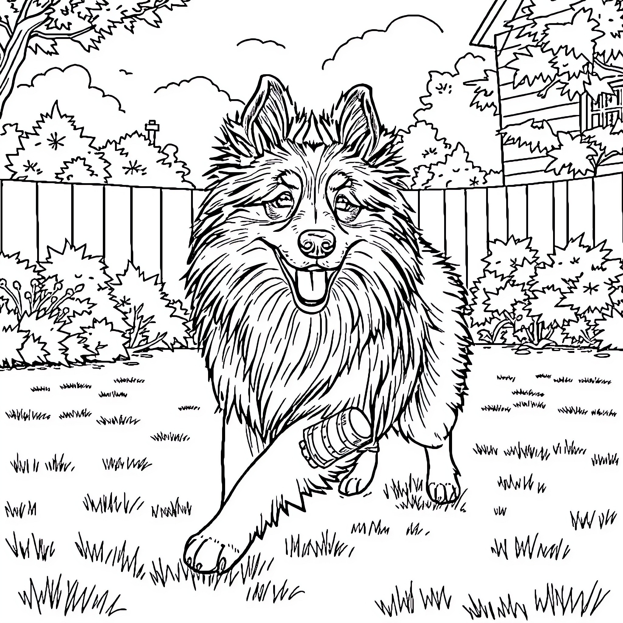 Sheltie playing joyfully in the backyard Coloring Page (free black-and-white line drawing printable PDF for all, from beginners to advanced learners, including children, teens, adults, and seniors)