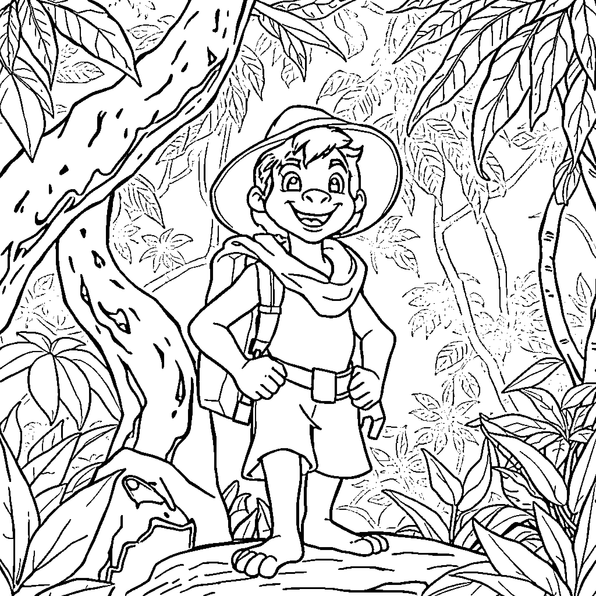 Mowgli Exploring the Vibrant Jungle Landscape Coloring Page (free black-and-white line drawing printable PDF for all, from beginners to advanced learners, including children, teens, adults, and seniors)