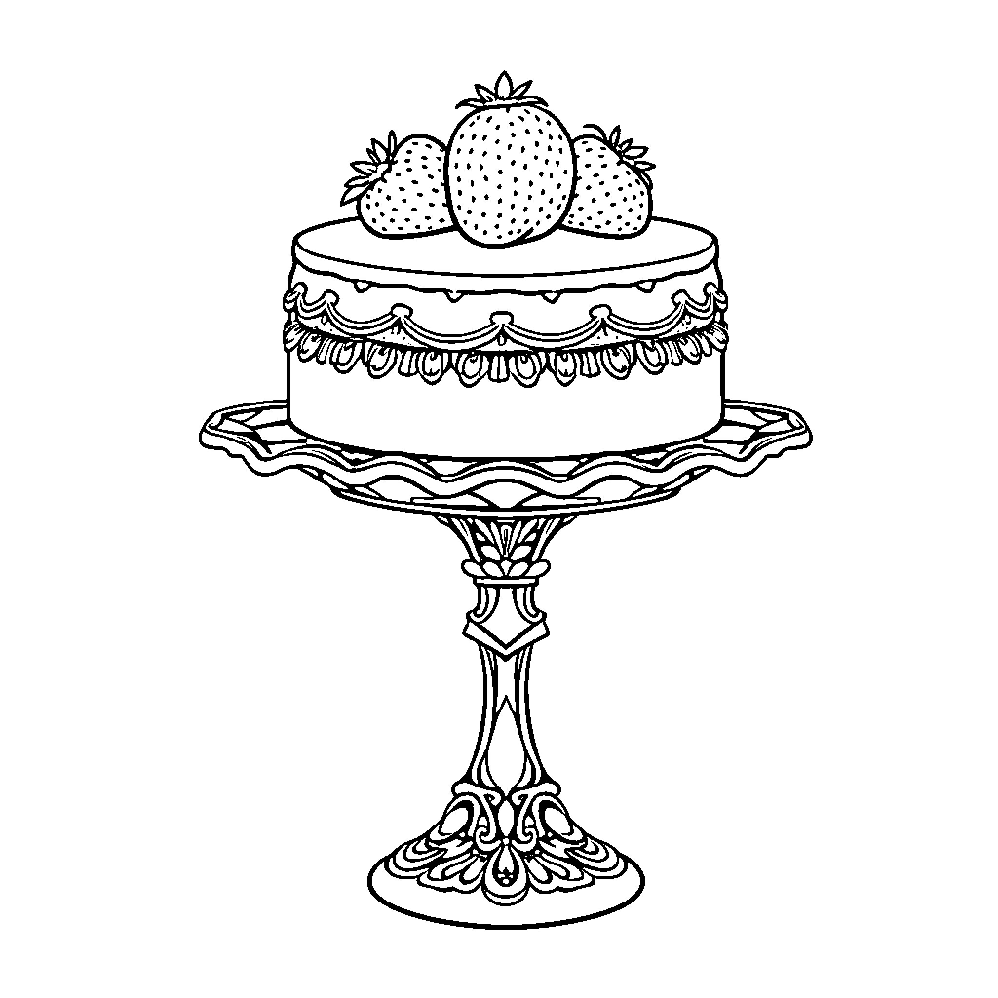 Cake with Ornate Pedestal and Strawberries Coloring Page (free black-and-white line drawing printable PDF for all, from beginners to advanced learners, including children, teens, adults, and seniors)