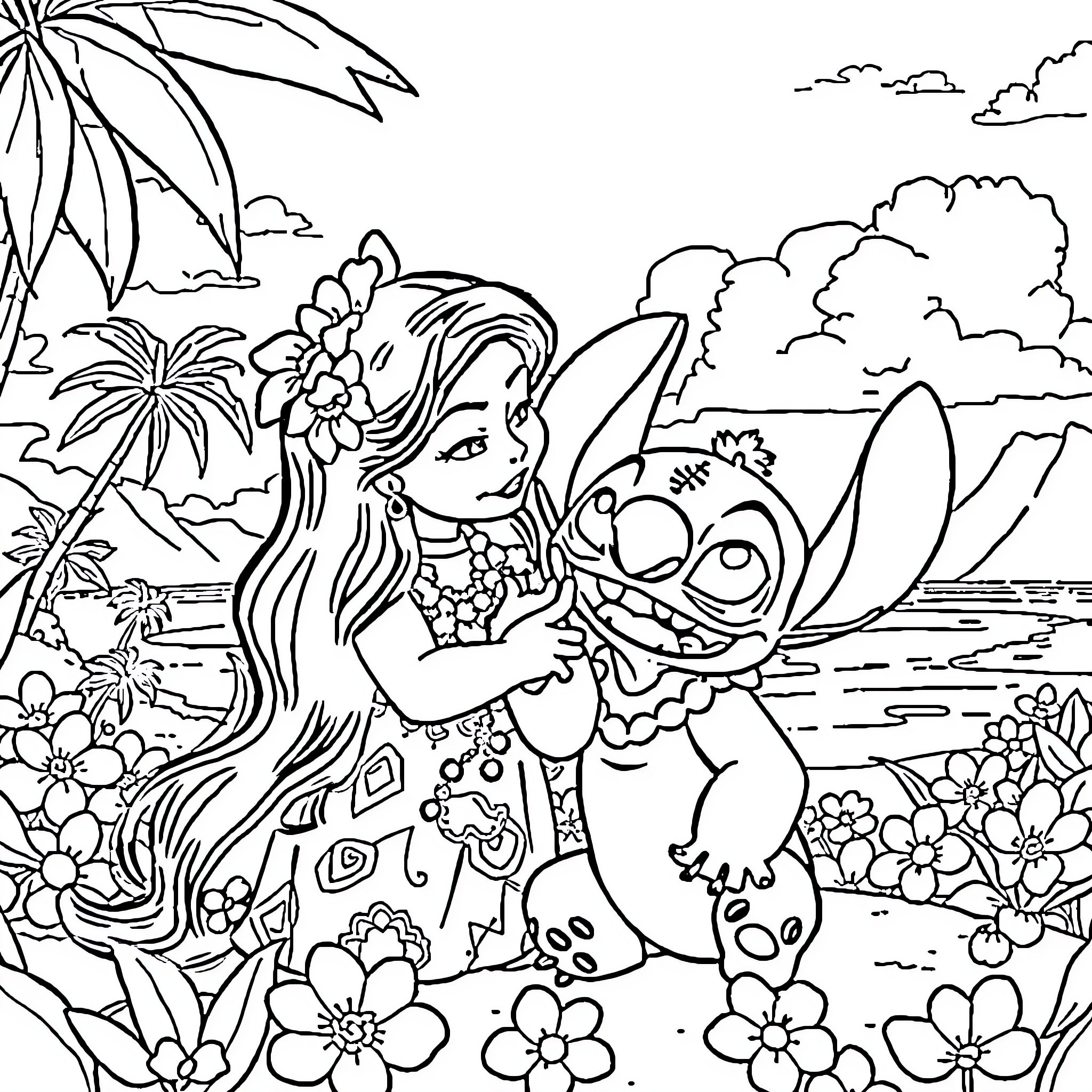 Lilo And Stitch playing together in tropical landscape Coloring Page (free black-and-white line drawing printable PDF for all, from beginners to advanced learners, including children, teens, adults, and seniors)