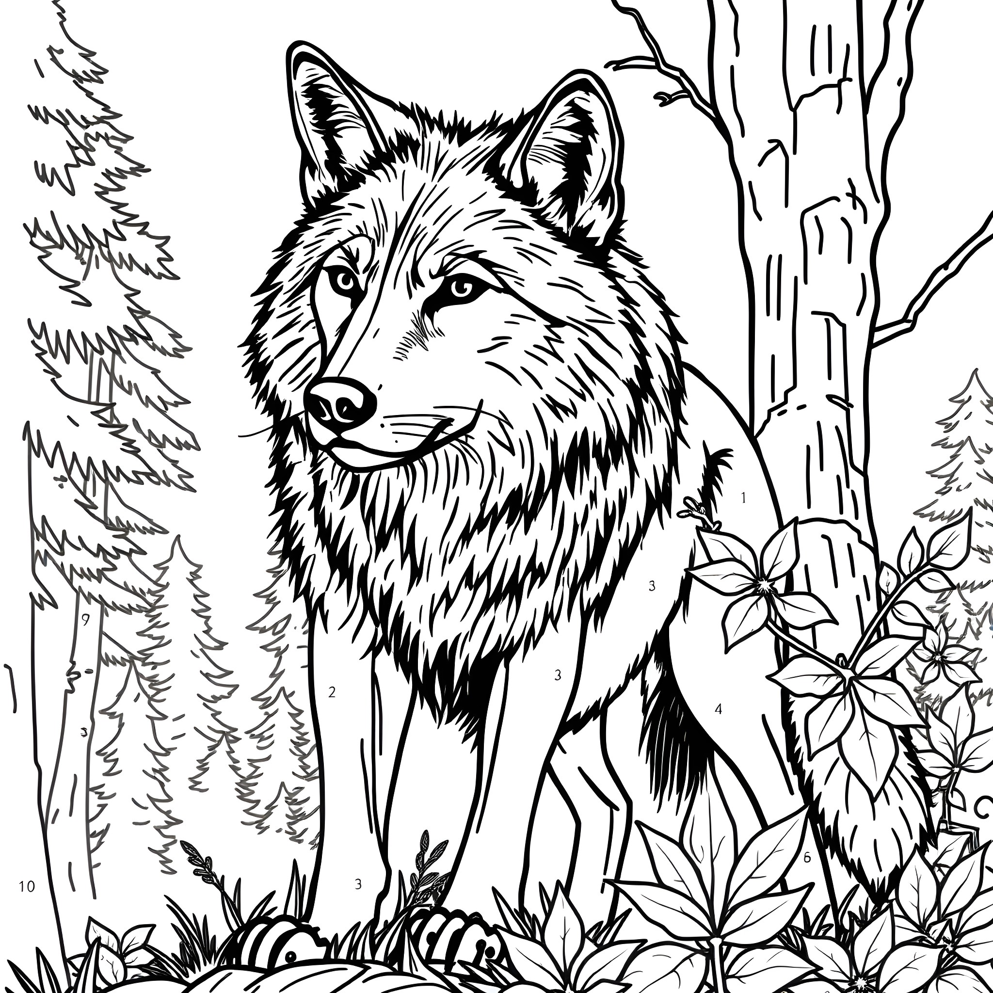 Wolf in the Peaceful Forest Coloring Page (free black-and-white line drawing printable PDF for all, from beginners to advanced learners, including children, teens, adults, and seniors)