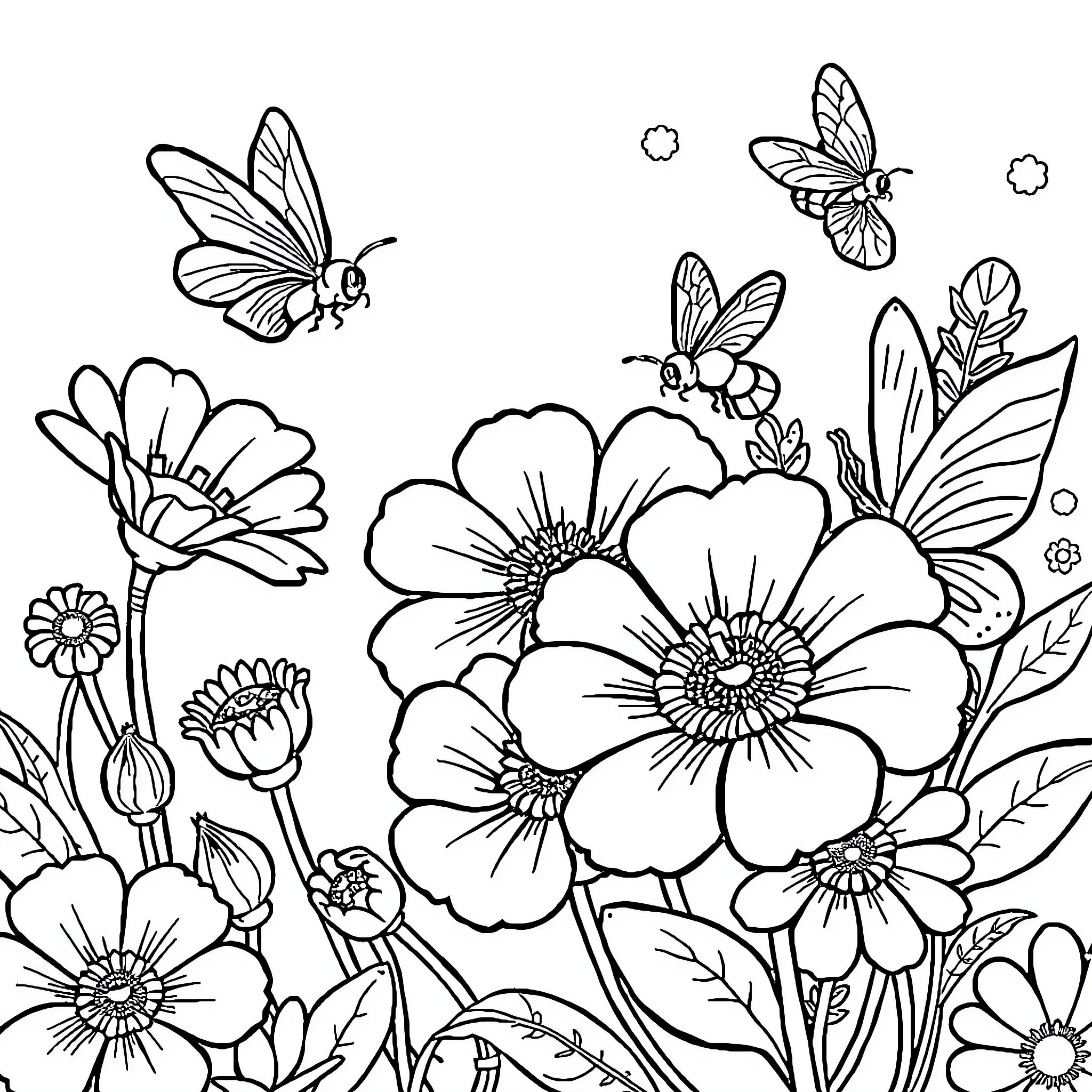 Insect flowers and butterflies in garden Coloring Page (free black-and-white line drawing printable PDF for all, from beginners to advanced learners, including children, teens, adults, and seniors)