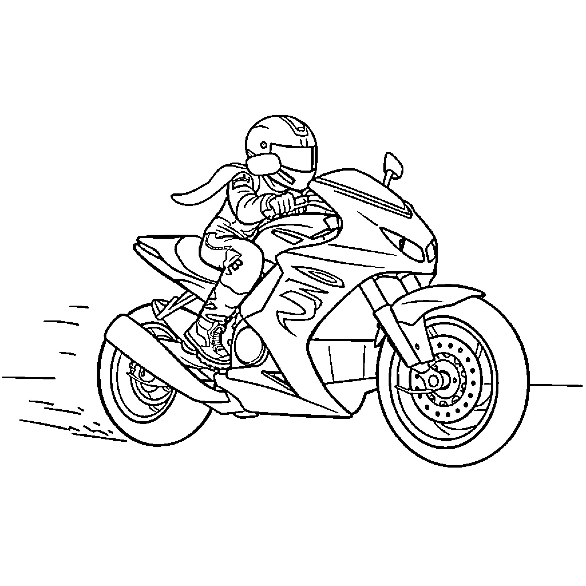 Moto Rider on Speeding Motorcycle Coloring Page (free black-and-white line drawing printable PDF for all, from beginners to advanced learners, including children, teens, adults, and seniors)
