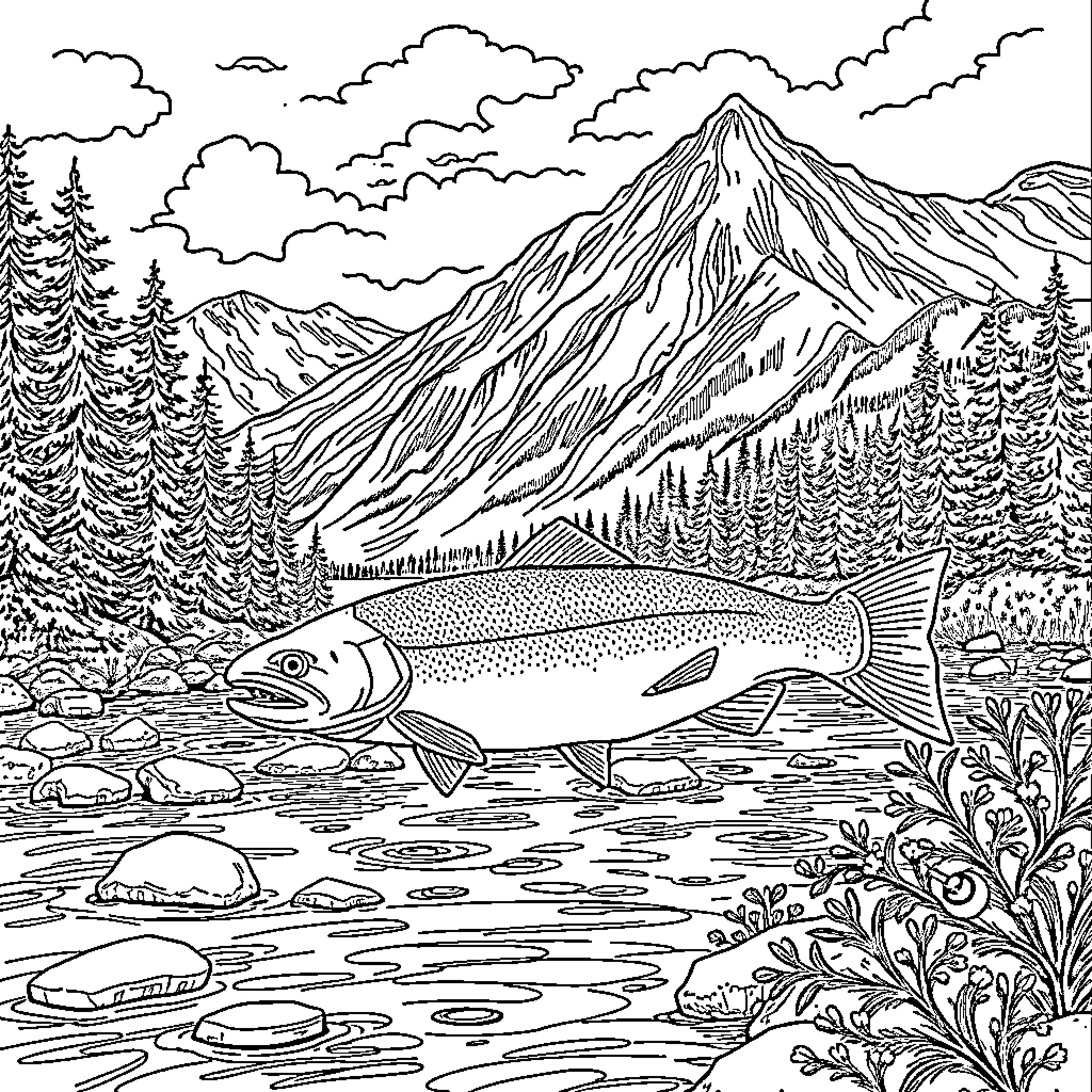 Trout Swimming in Scenic Mountain Stream Coloring Page (free black-and-white line drawing printable PDF for all, from beginners to advanced learners, including children, teens, adults, and seniors)