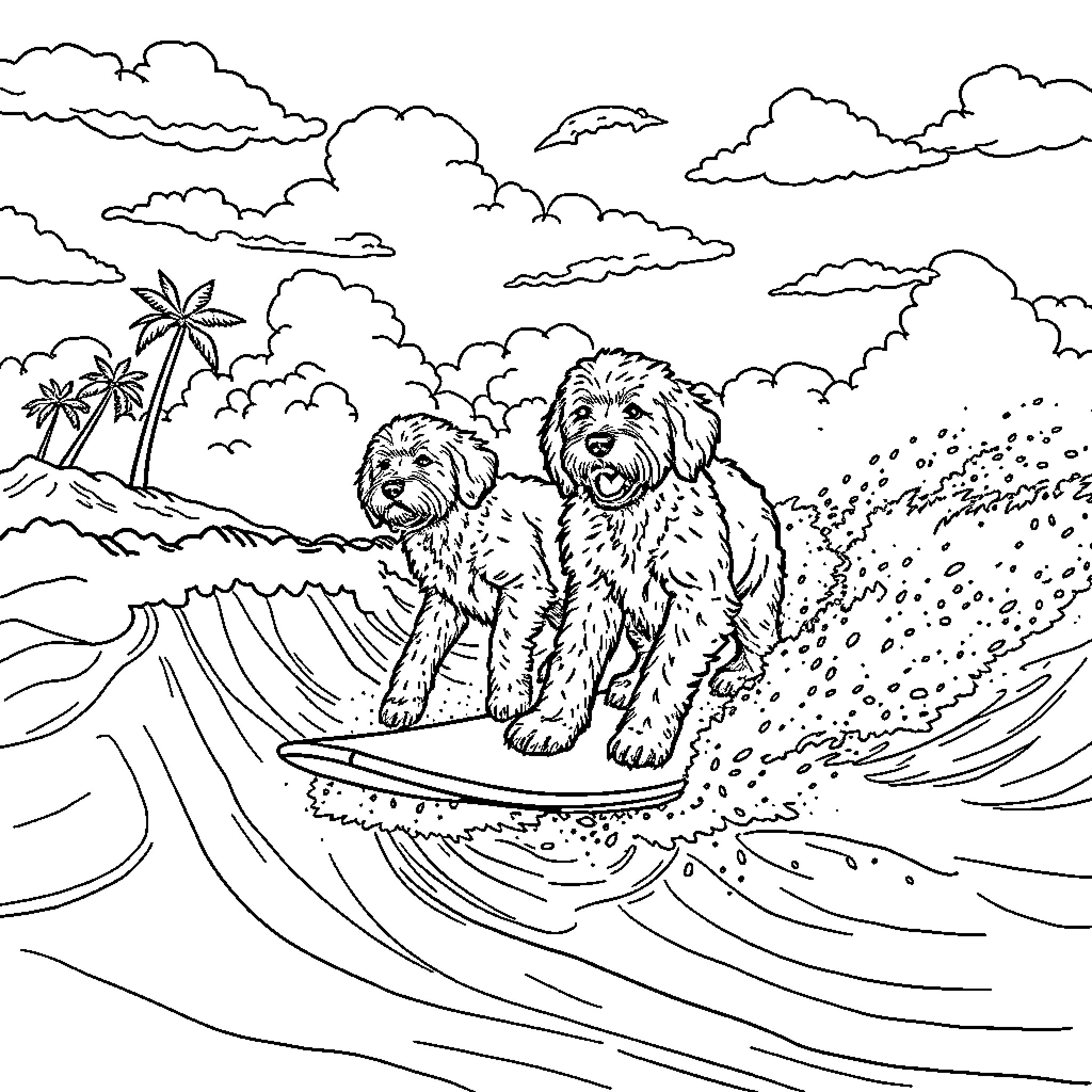 Labradoodles surfing in the tropical waves Coloring Page (free black-and-white line drawing printable PDF for all, from beginners to advanced learners, including children, teens, adults, and seniors)