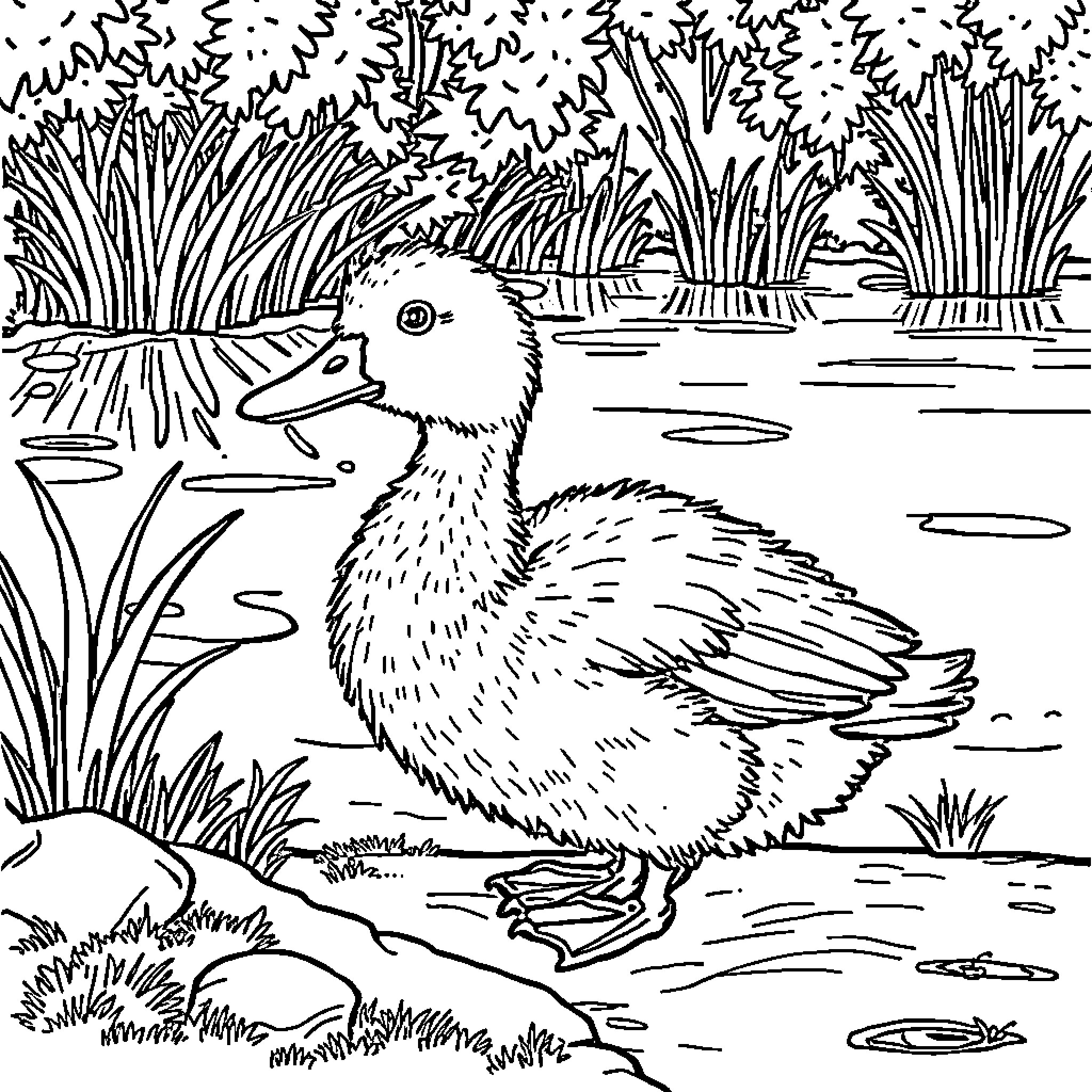 Duck swimming in a pond with plants Coloring Page (free black-and-white line drawing printable PDF for all, from beginners to advanced learners, including children, teens, adults, and seniors)