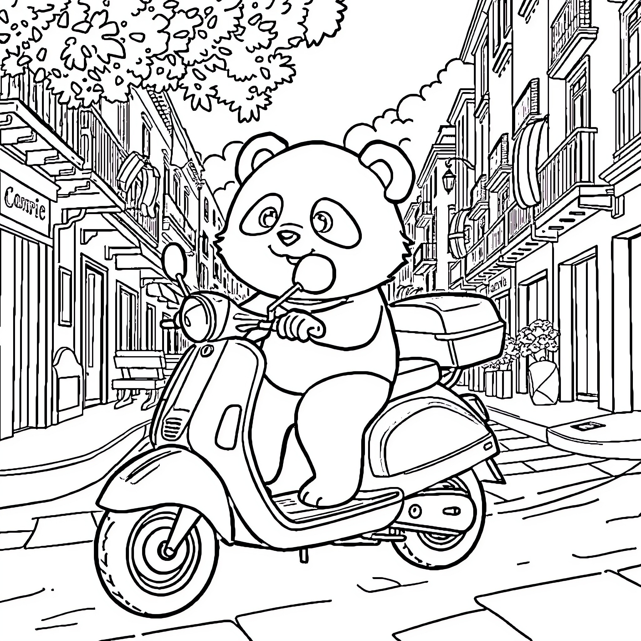 Panda riding scooter through city streets Coloring Page (free black-and-white line drawing printable PDF for all, from beginners to advanced learners, including children, teens, adults, and seniors)