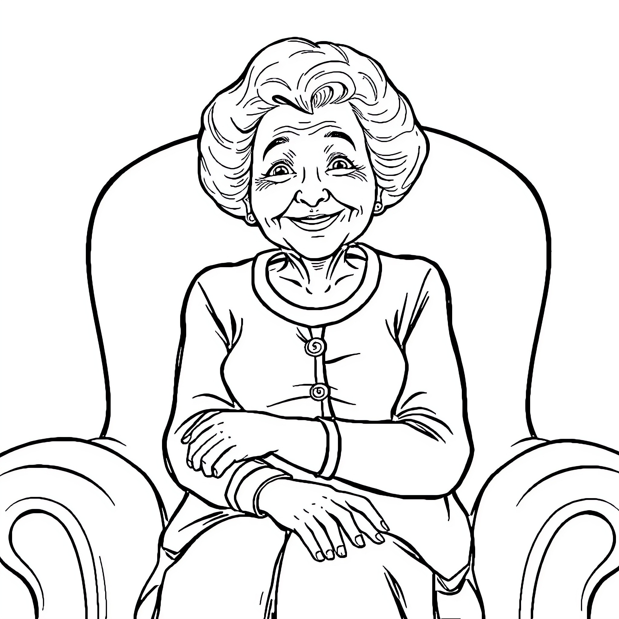 Mamie's Cheerful Expression and Casual Attire Coloring Page (free black-and-white line drawing printable PDF for all, from beginners to advanced learners, including children, teens, adults, and seniors)
